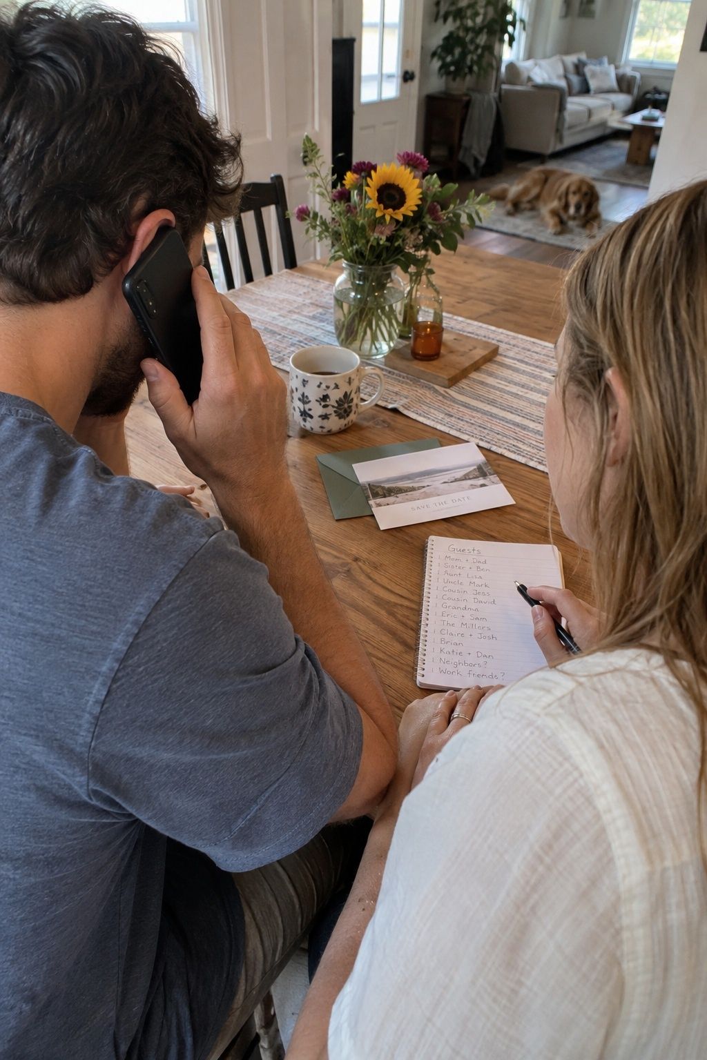 Couple checking a must-have guest list by phone before fixing the wedding date for a Labor Day wedding