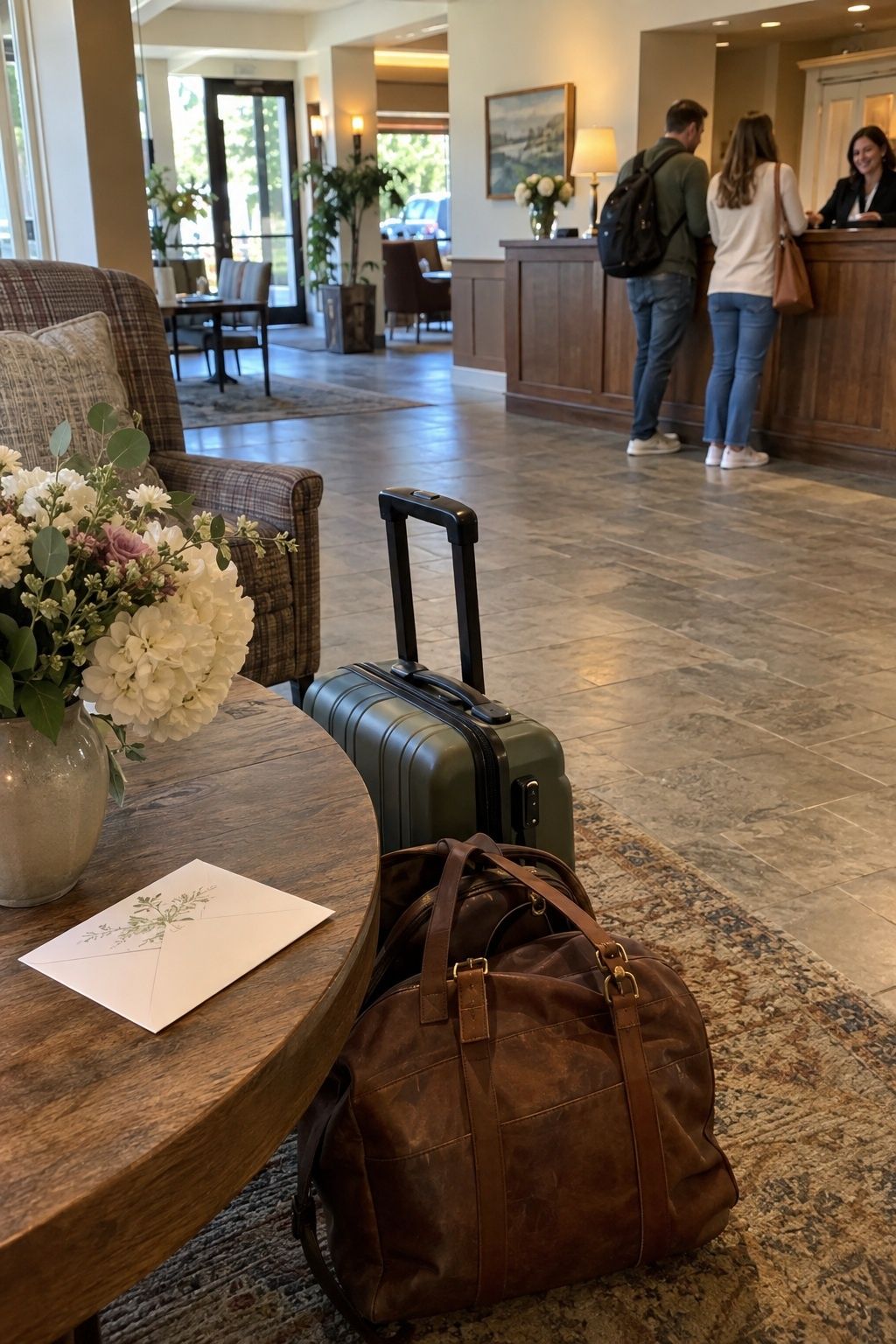 Guests checking into a modest hotel with overnight bags for a Labor Day wedding