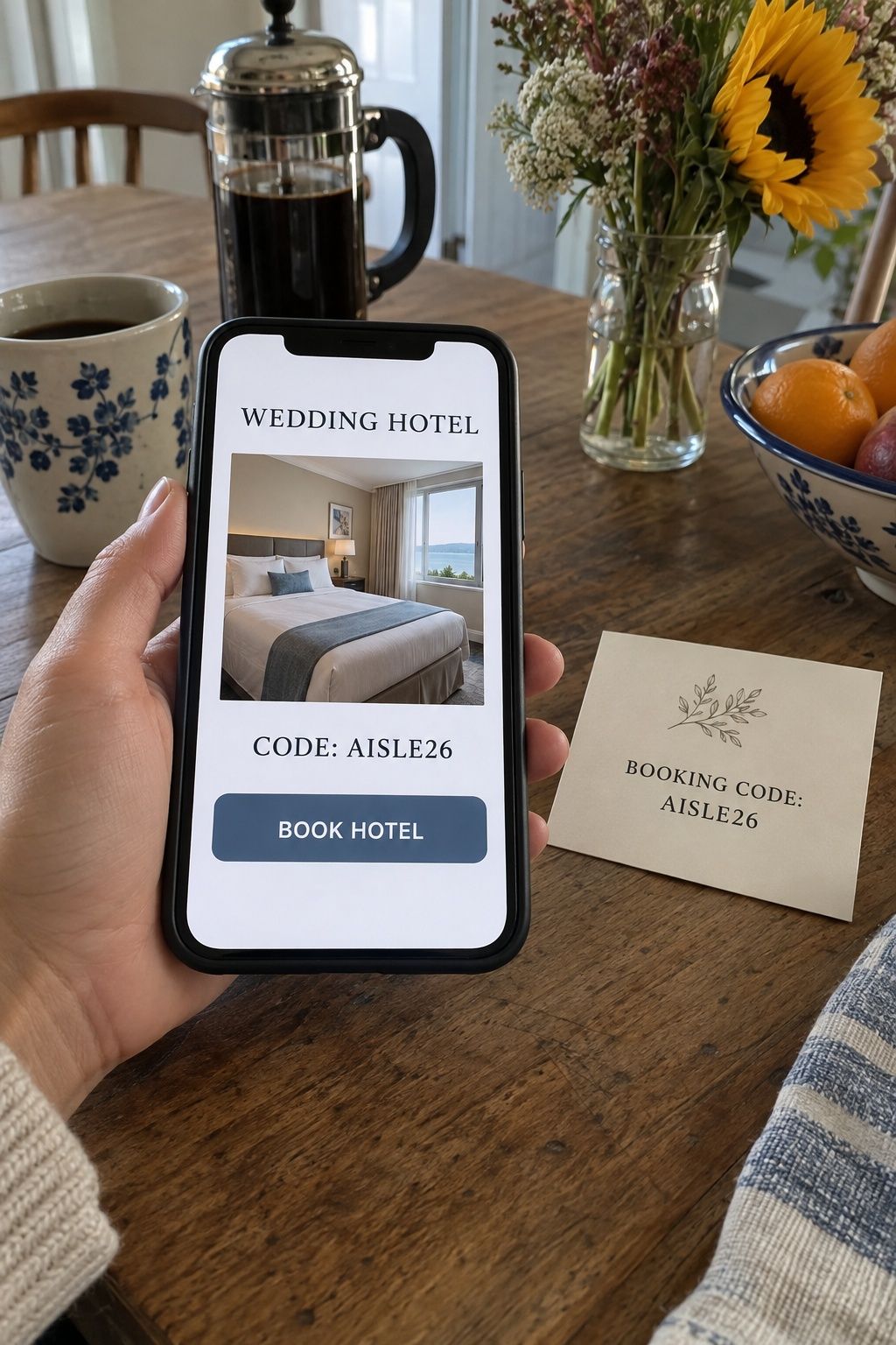 Phone booking page with BOOK HOTEL button and matching AISLE26 code on wedding travel card