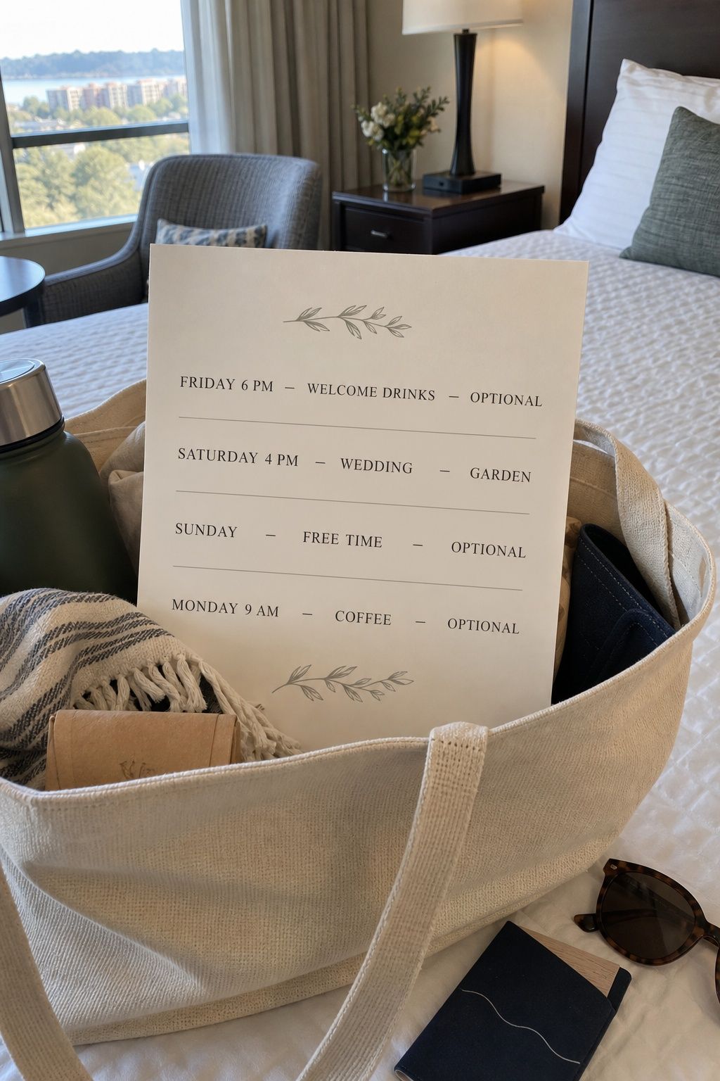 Compact Friday-to-Monday wedding itinerary with optional welcome drinks, free time and coffee
