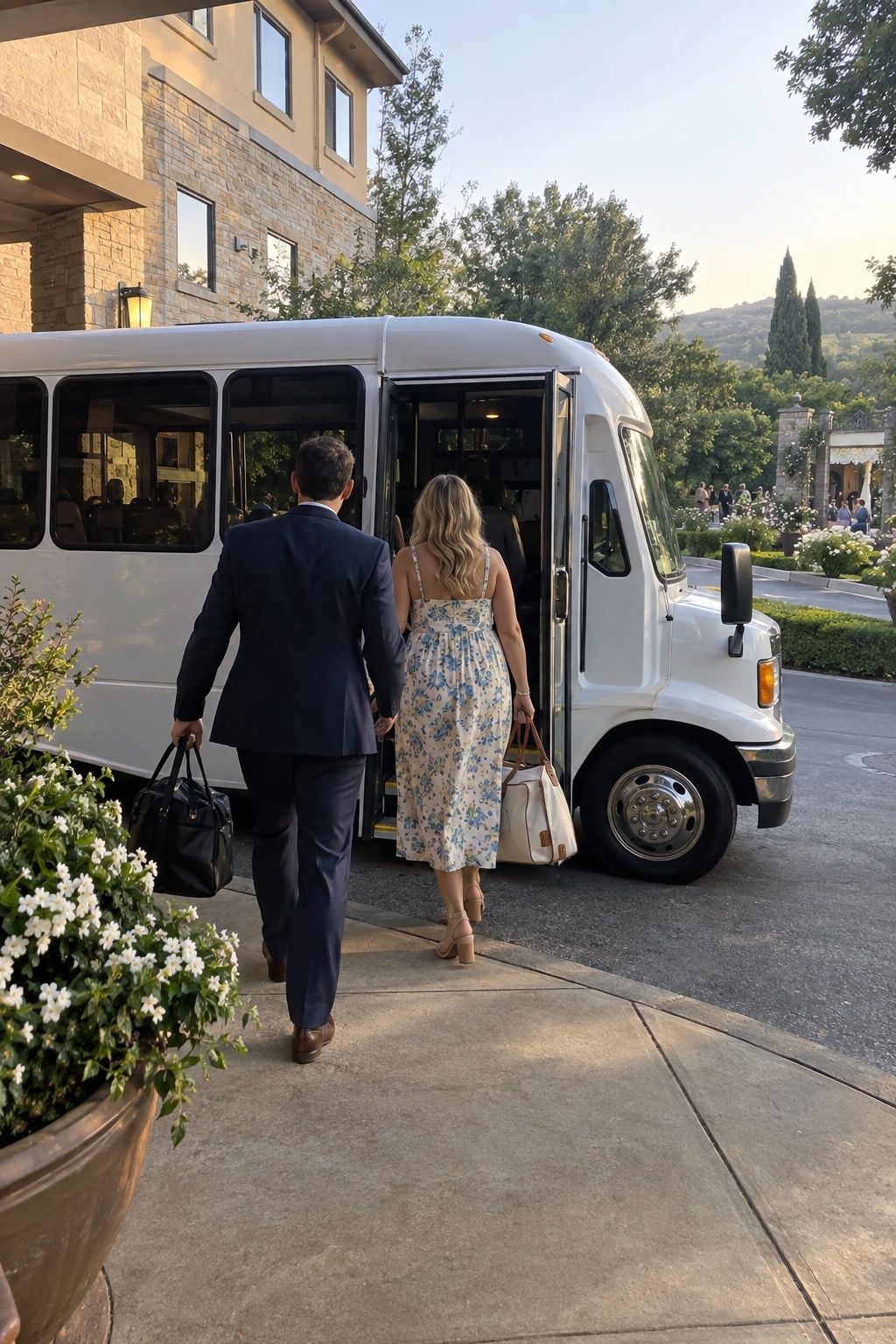 Two guests boarding a small shuttle outside the hotel for a Labor Day wedding