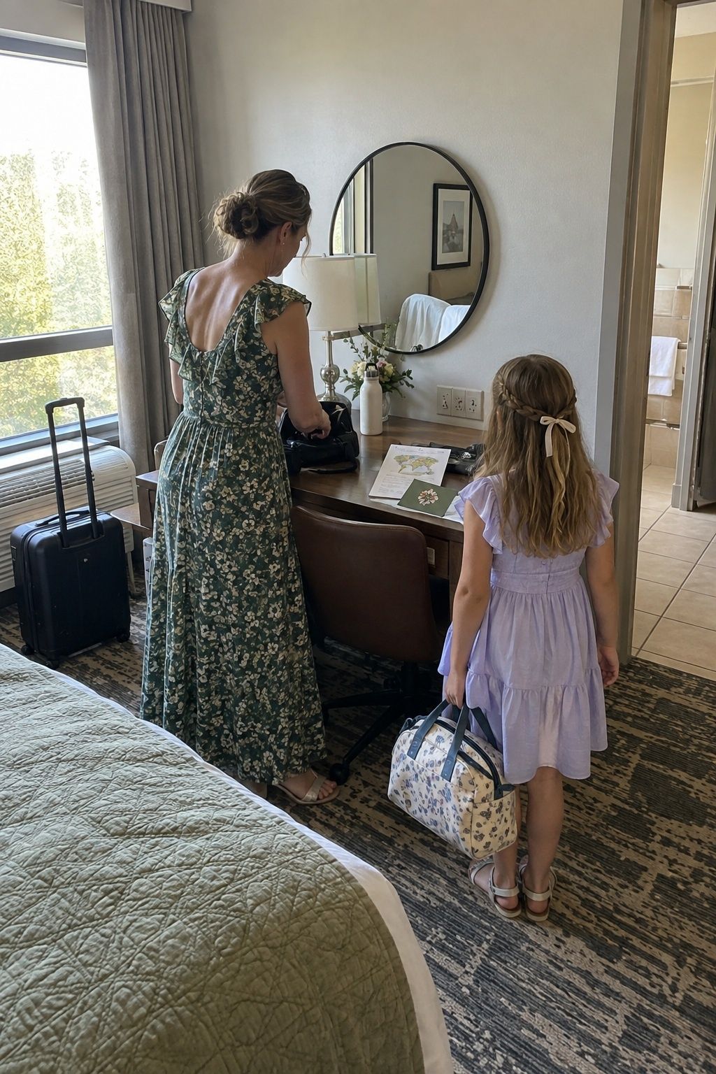 Parent and child preparing in a hotel room with travel papers for a Labor Day wedding