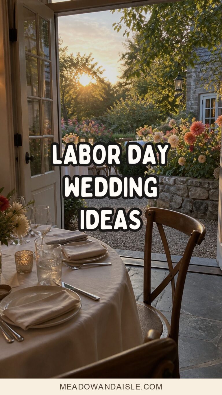 Labor Day wedding ideas Pinterest pin over a late-summer garden wedding scene.