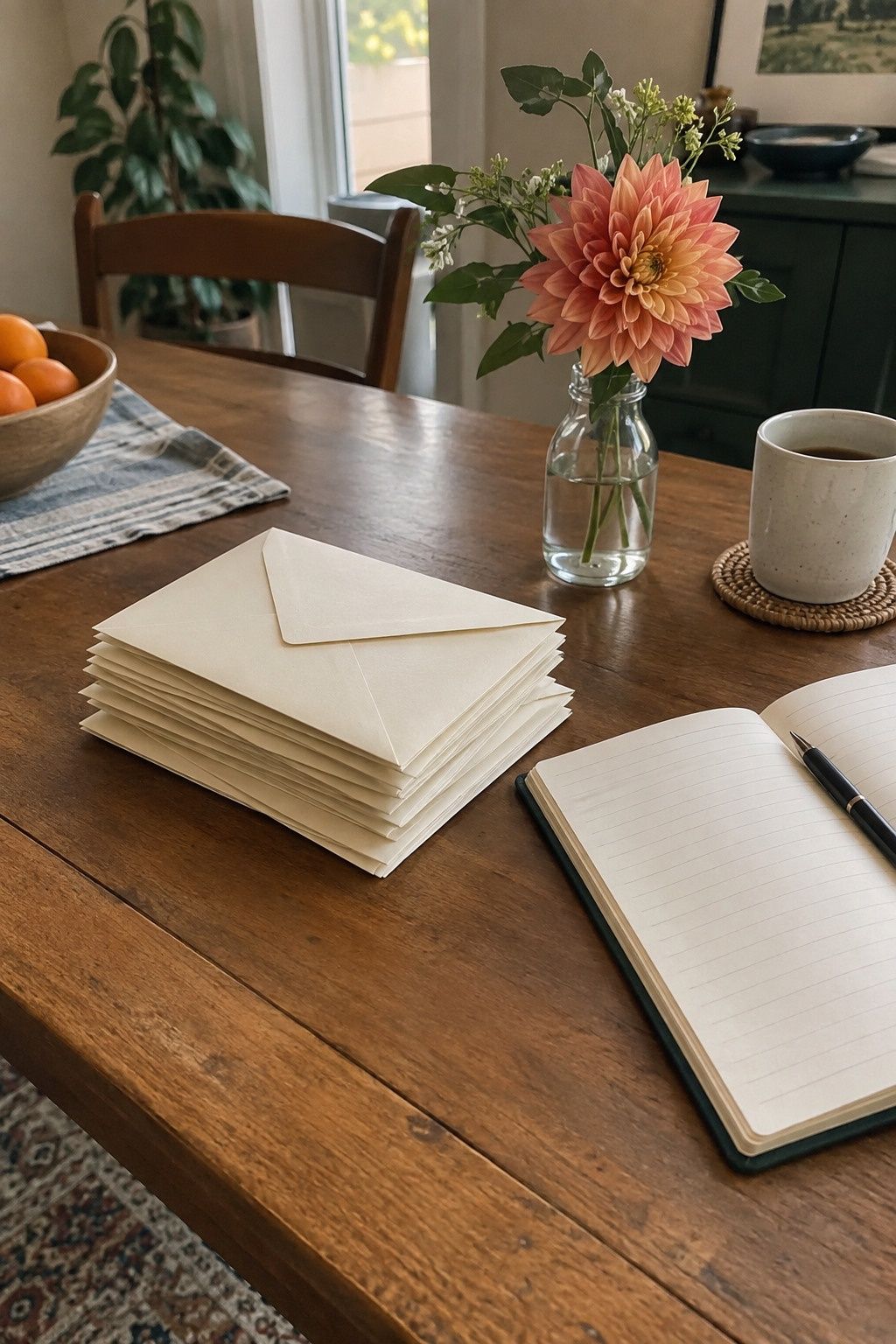 Early cream save-the-date mail at a home planning table for a Labor Day weekend wedding.