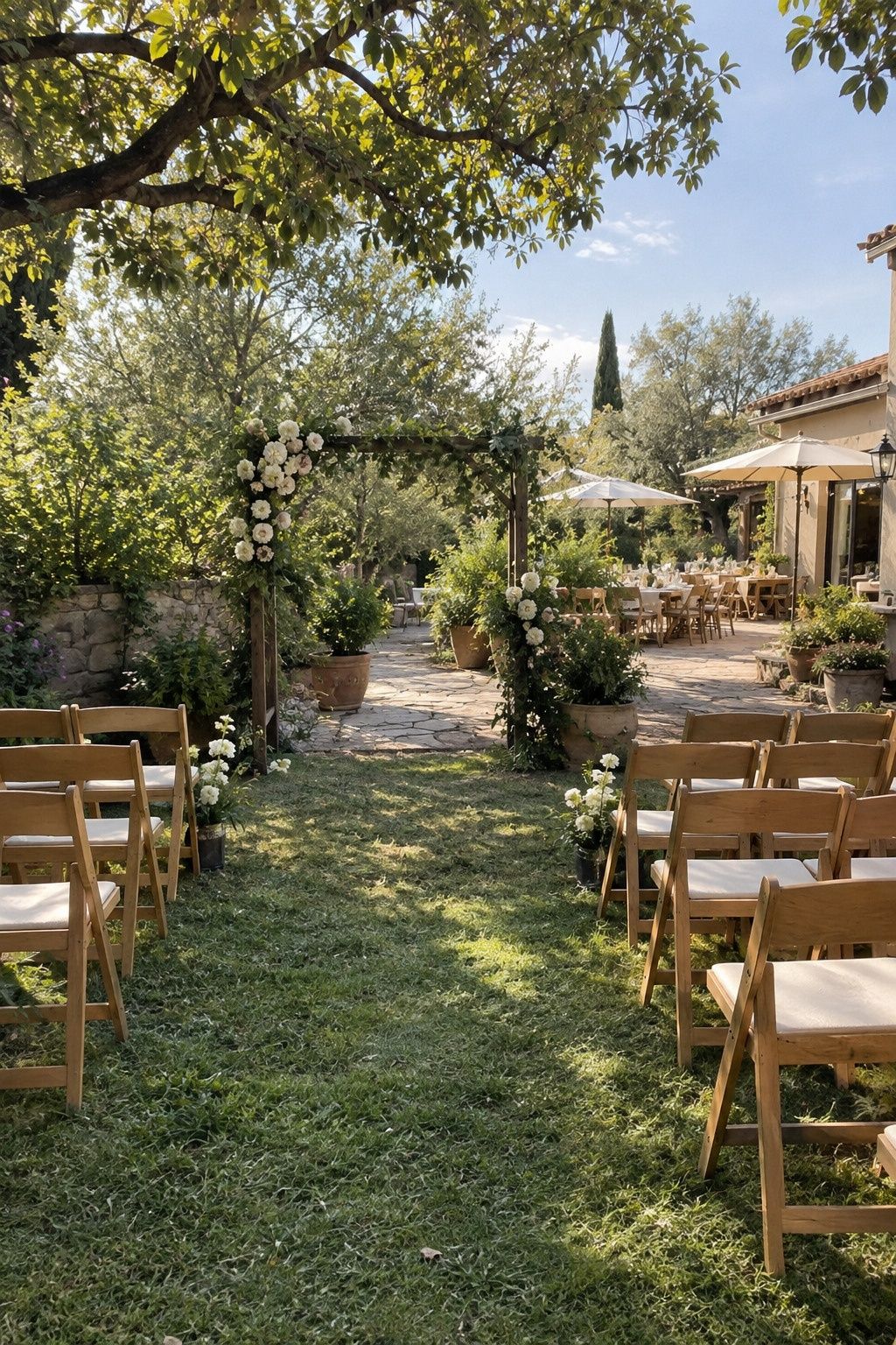 Small Sunday garden ceremony flowing into a patio dinner for a Labor Day weekend wedding.