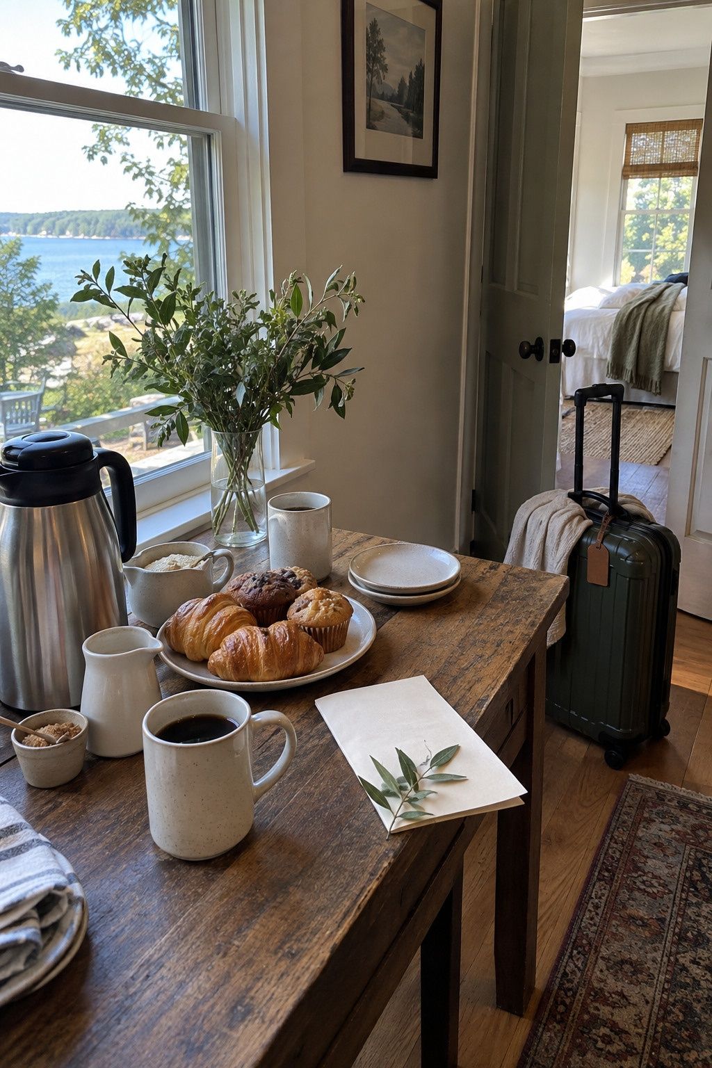 Optional Monday coffee corner at an inn with a departing suitcase for a Labor Day weekend wedding.