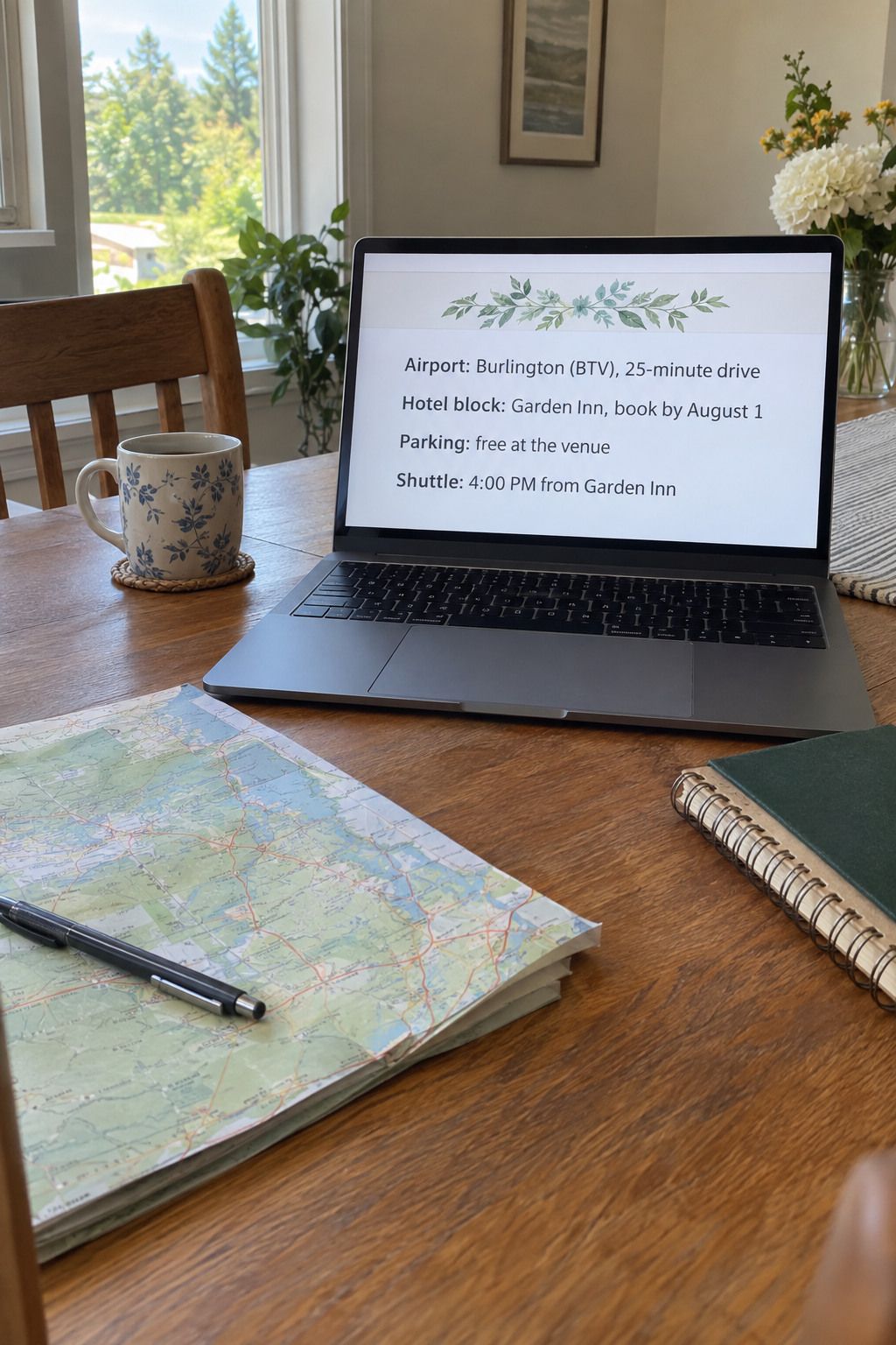 Wedding travel planning desk with laptop, local map and hotel notes for a Labor Day weekend wedding.