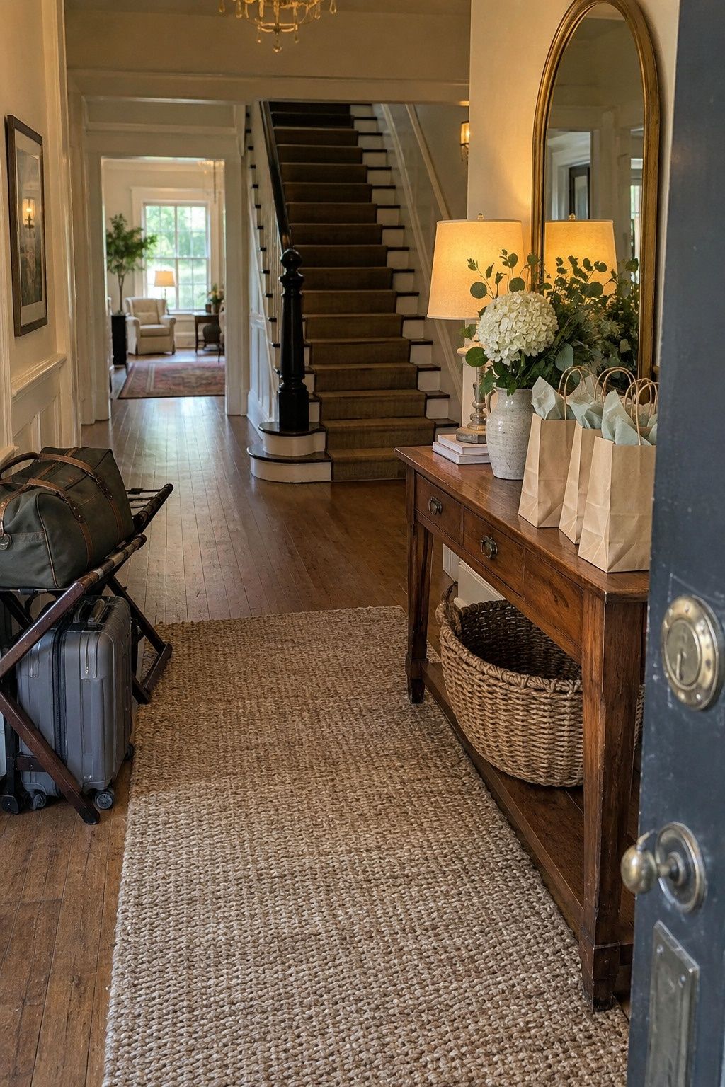 Welcoming small inn entry with practical guest welcome bags for a Labor Day weekend wedding.