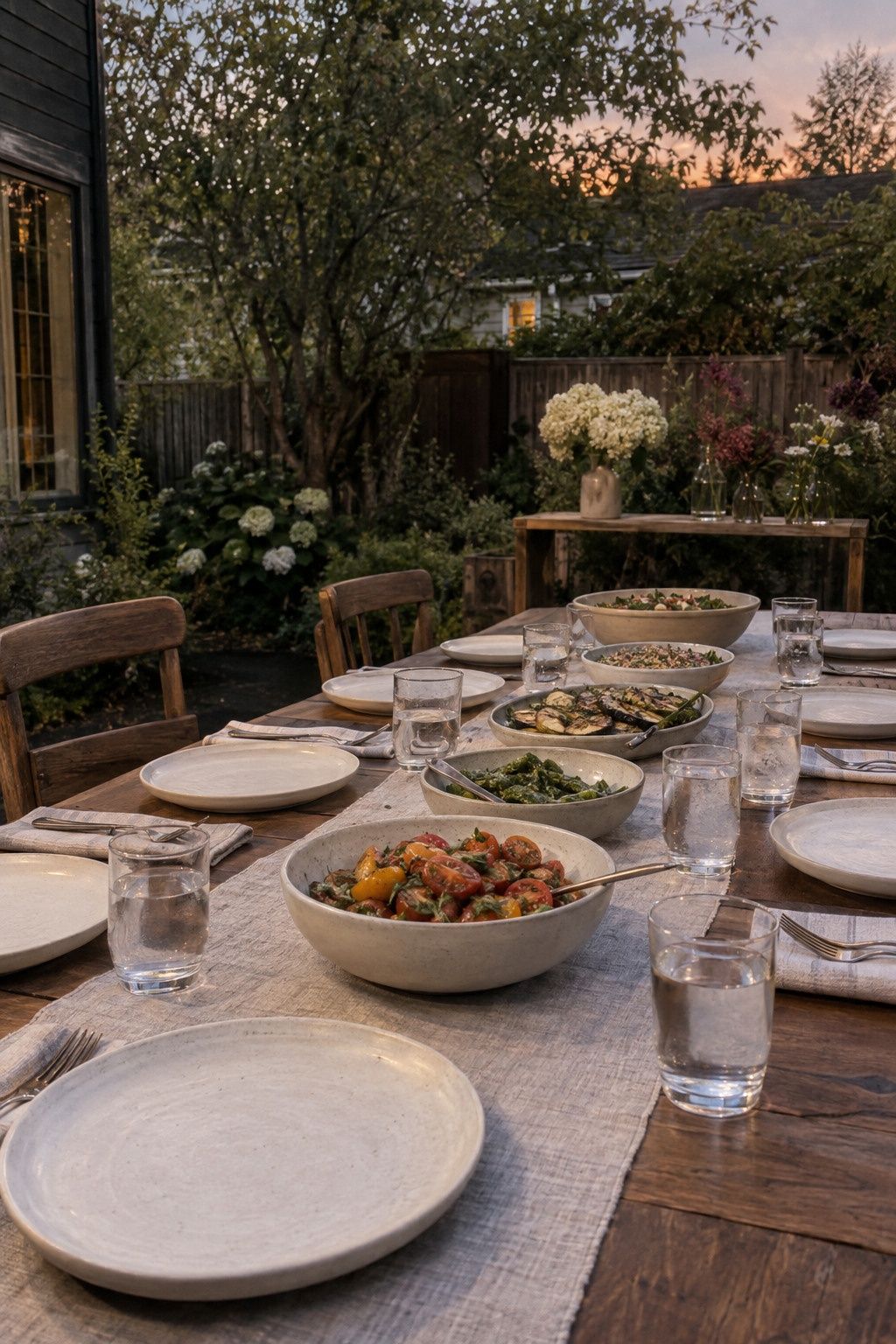 Intimate garden dinner with linen, ceramic platters and low flowers on a separate console for a Labor Day weekend wedding.