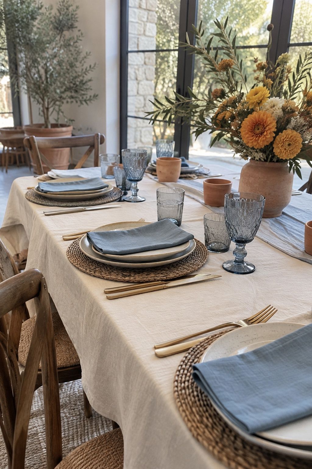 Dusty-blue and marigold wedding table with cream and terracotta for a Labor Day weekend wedding.