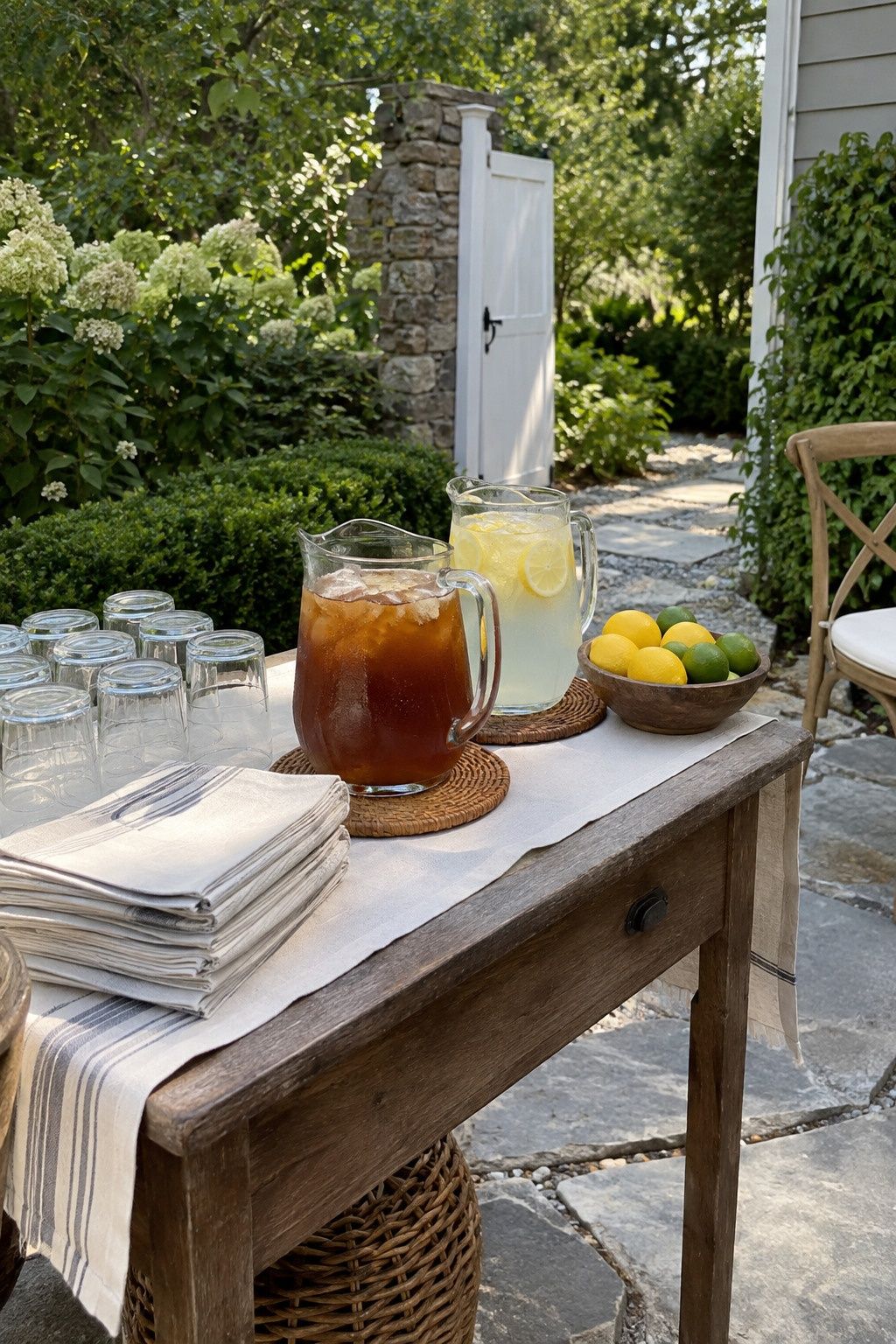 Iced tea and citrus water welcome station for arriving guests for a Labor Day weekend wedding.
