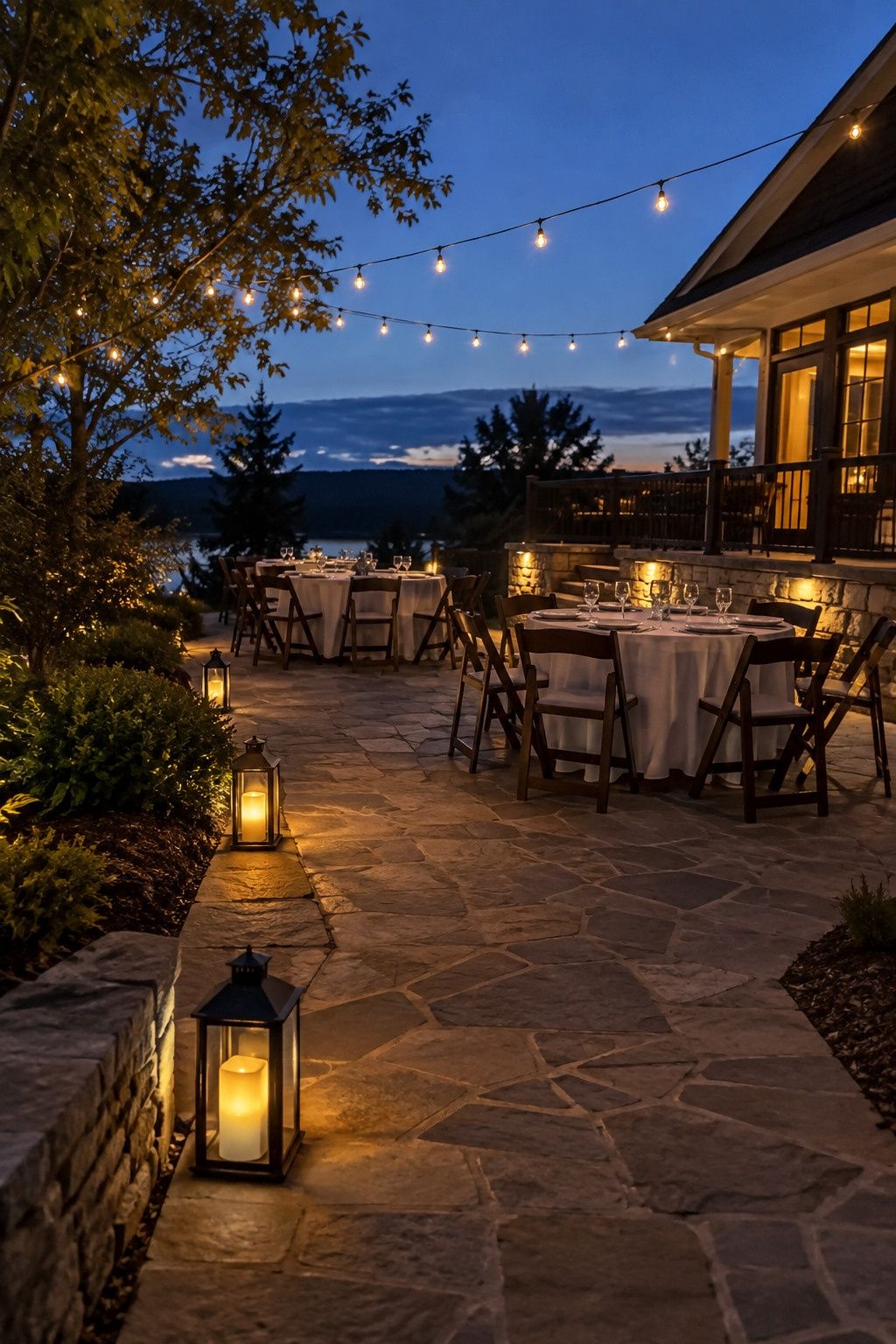 Blue-hour patio with battery lantern path lighting and overhead string lights for a Labor Day weekend wedding.