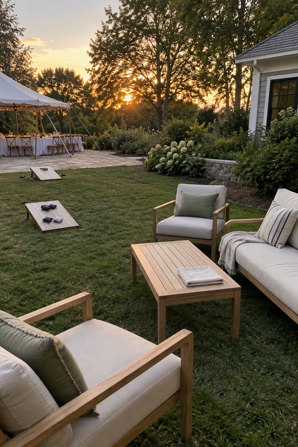 Relaxed lawn game and lounge beside a small wedding patio for a Labor Day weekend wedding.