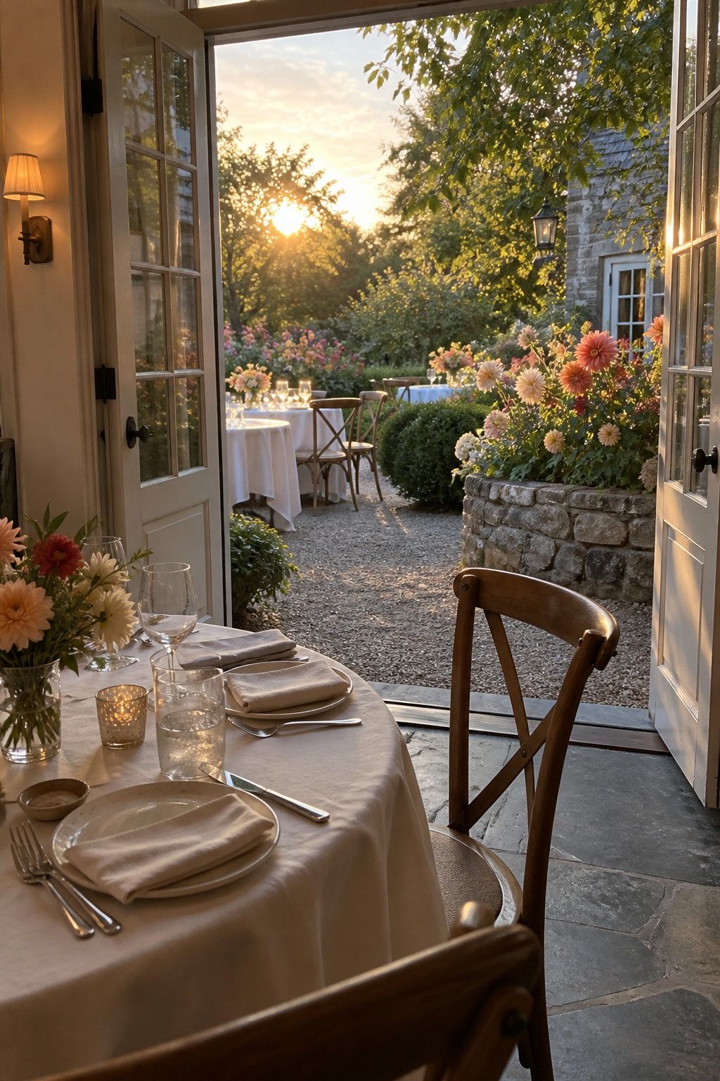 Open inn dining-room doors onto a golden late-summer garden for a Labor Day weekend wedding.