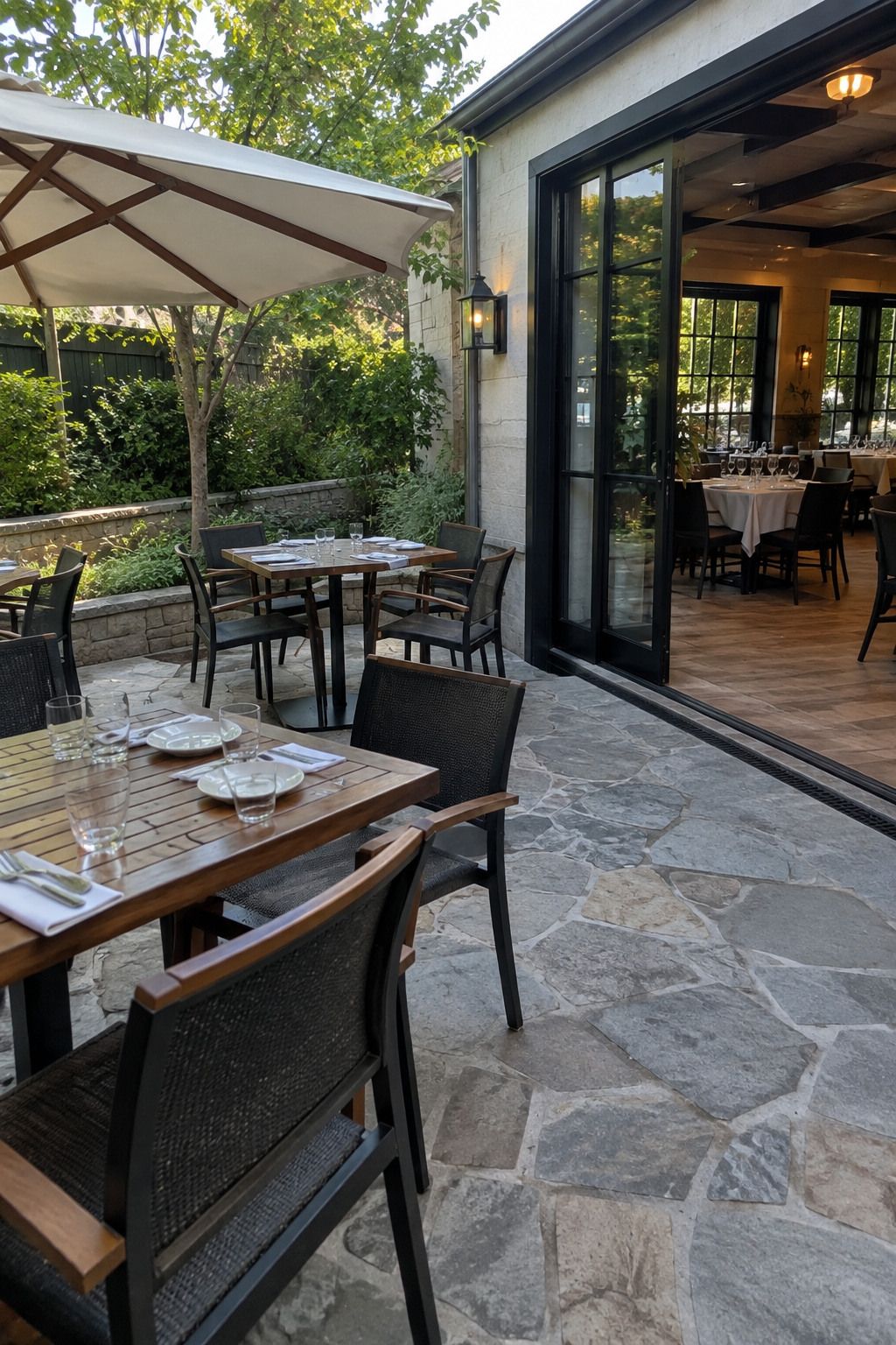 Intimate restaurant courtyard with indoor weather-backup access for a Labor Day weekend wedding.
