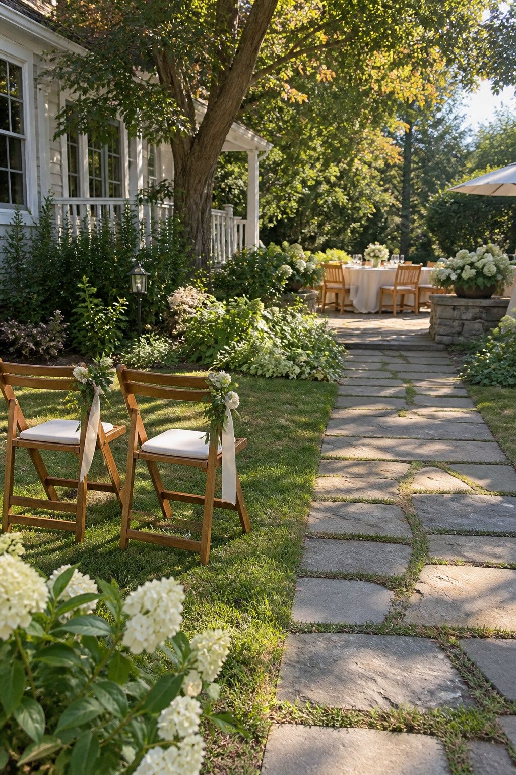 Unhurried garden-inn wedding setup with clear walking space for a Labor Day weekend wedding.