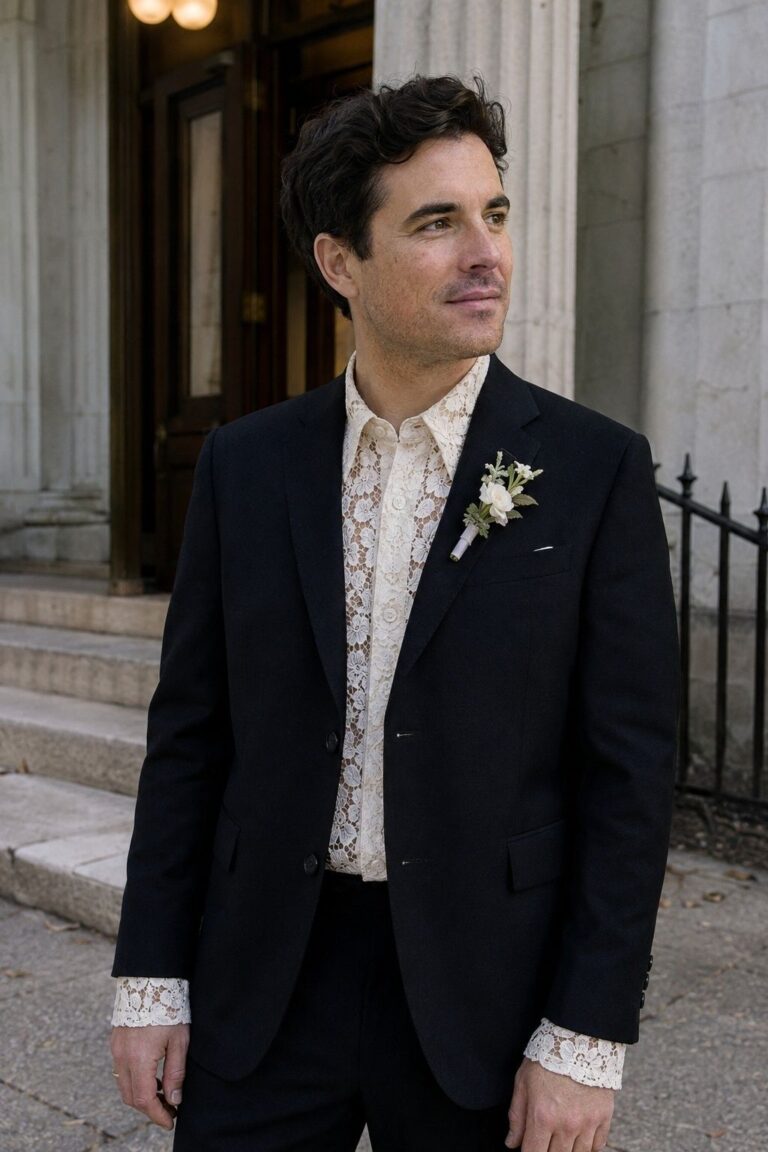 Groom wearing an ivory lace shirt and cuffs beneath a clean black suit outside city hall.