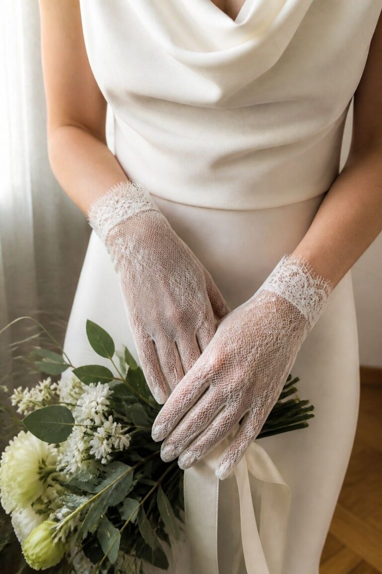 Wrist-Length Lace Gloves With a Simple Dress