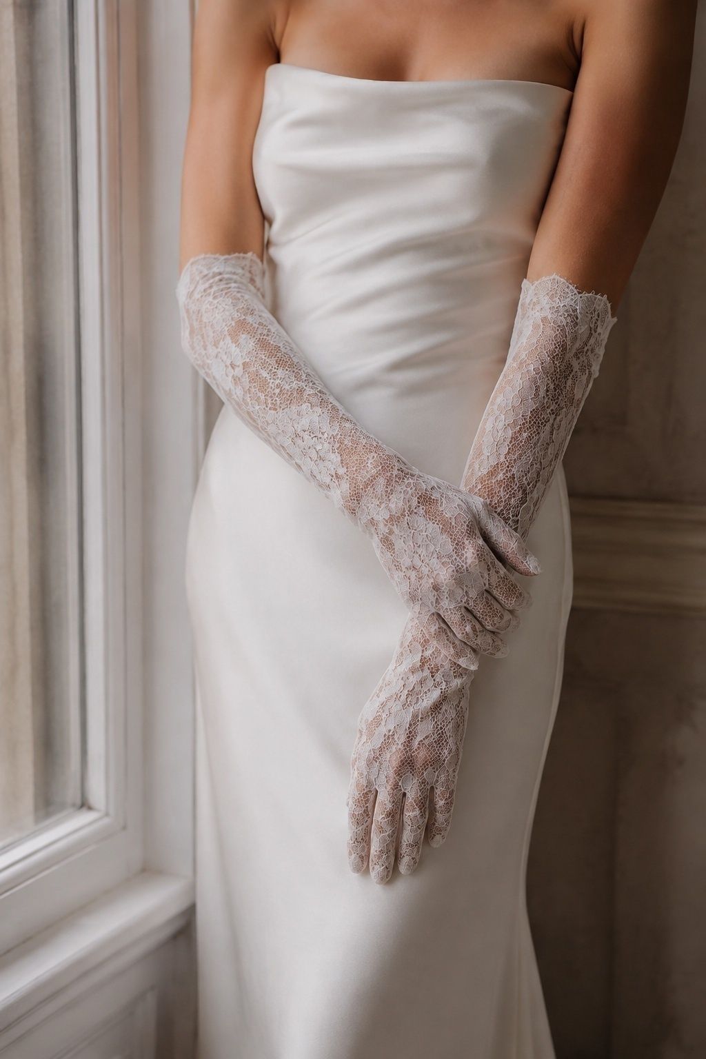 Elbow-length lace gloves paired with a column wedding gown