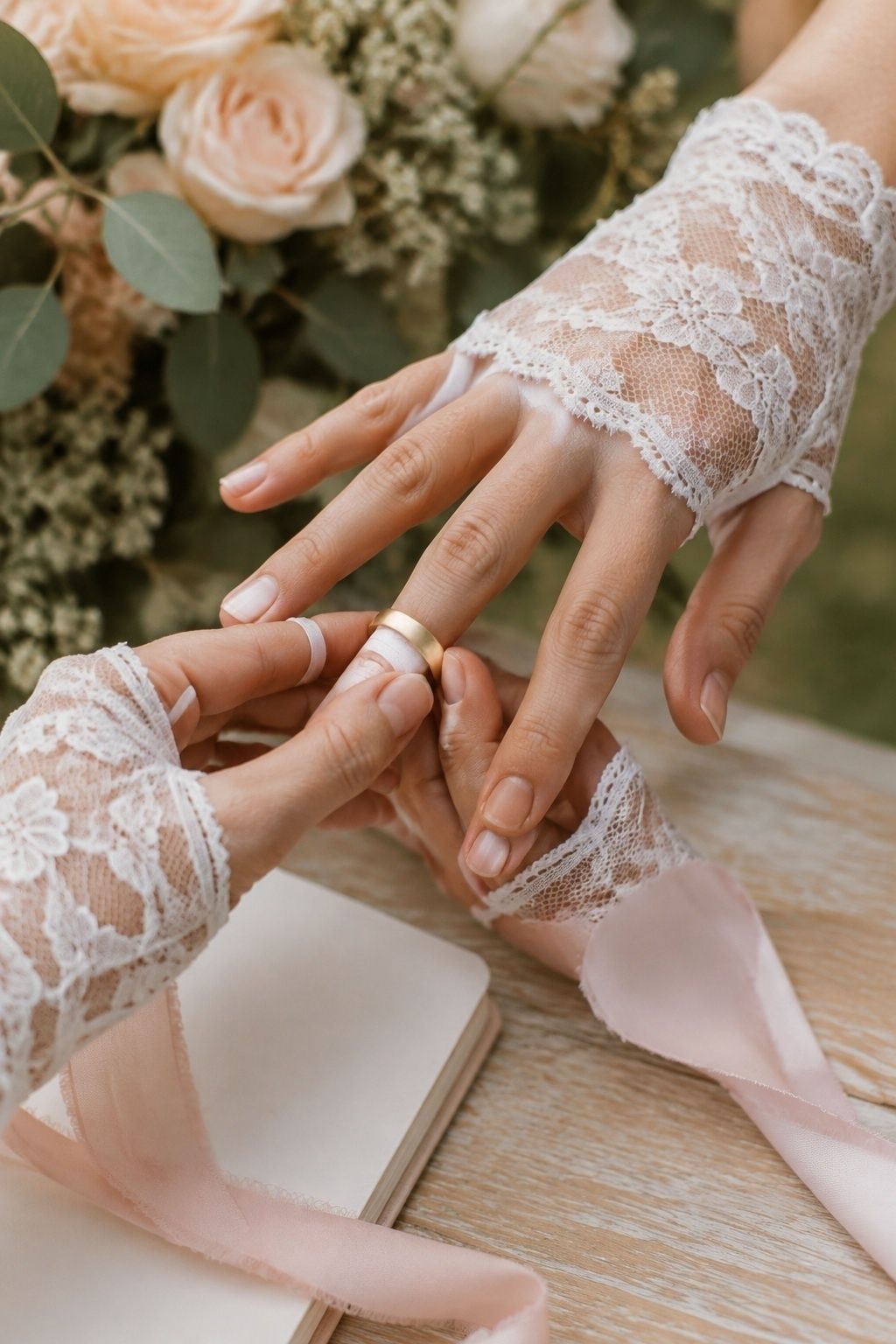 Fingerless lace gloves leaving fingers free for the ring exchange