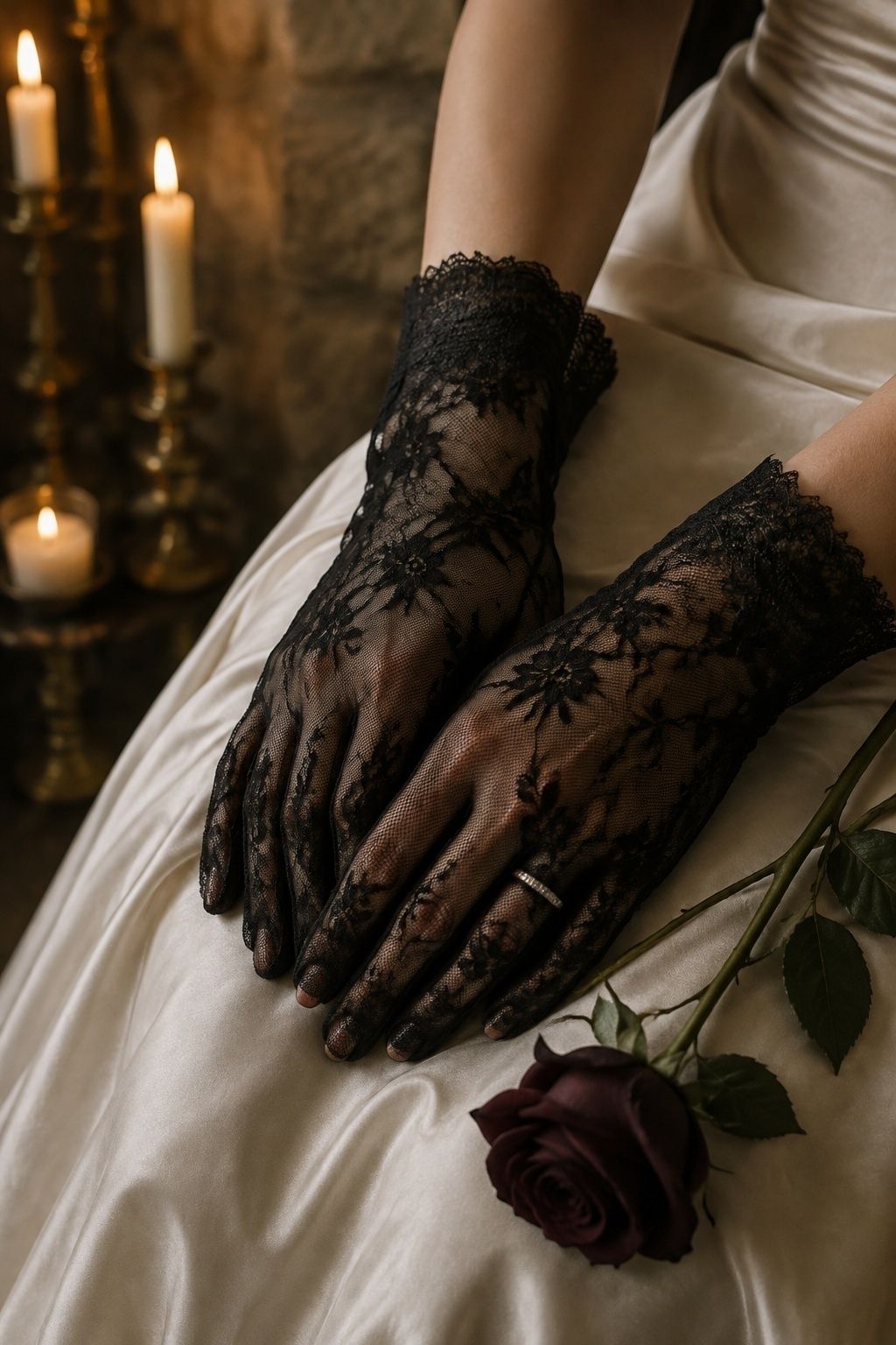 Black lace bridal gloves for a gothic look