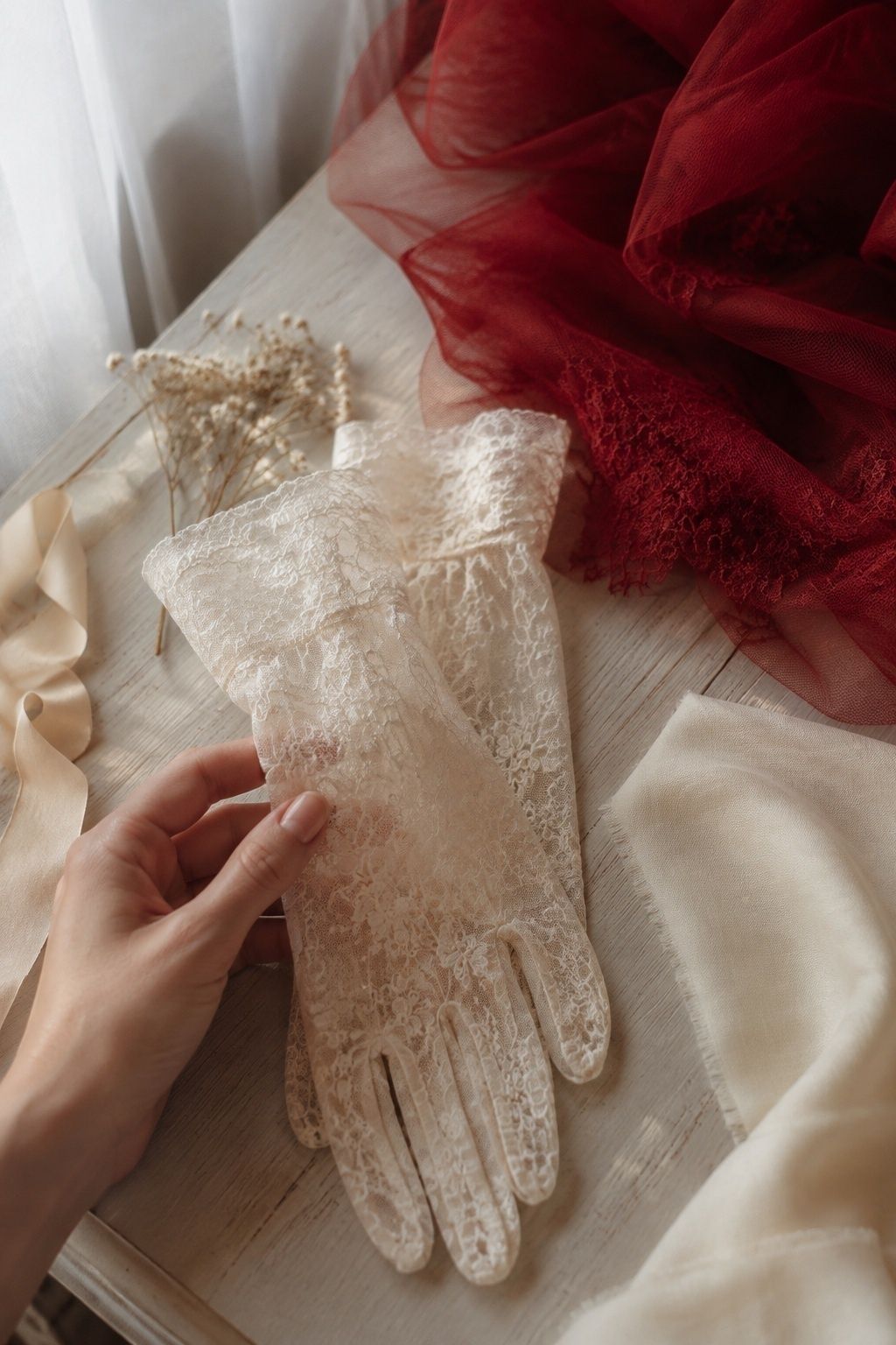 Ivory lace gloves worn with a red bridal veil