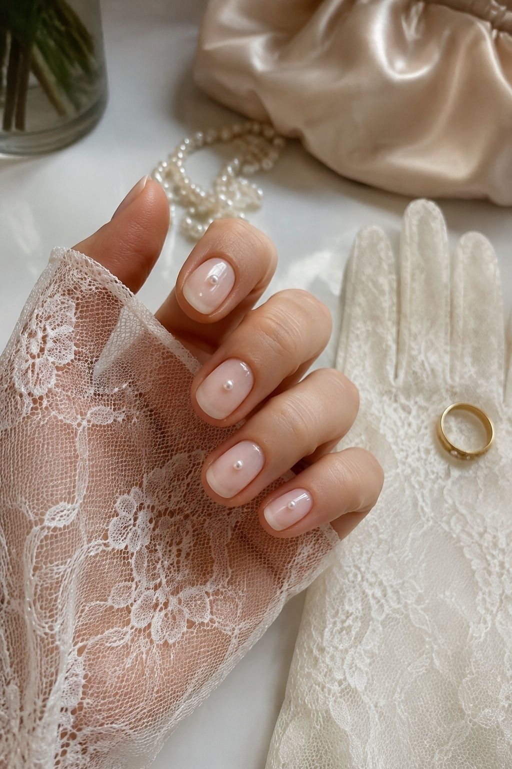 Sheer lace gloves over a pearl manicure