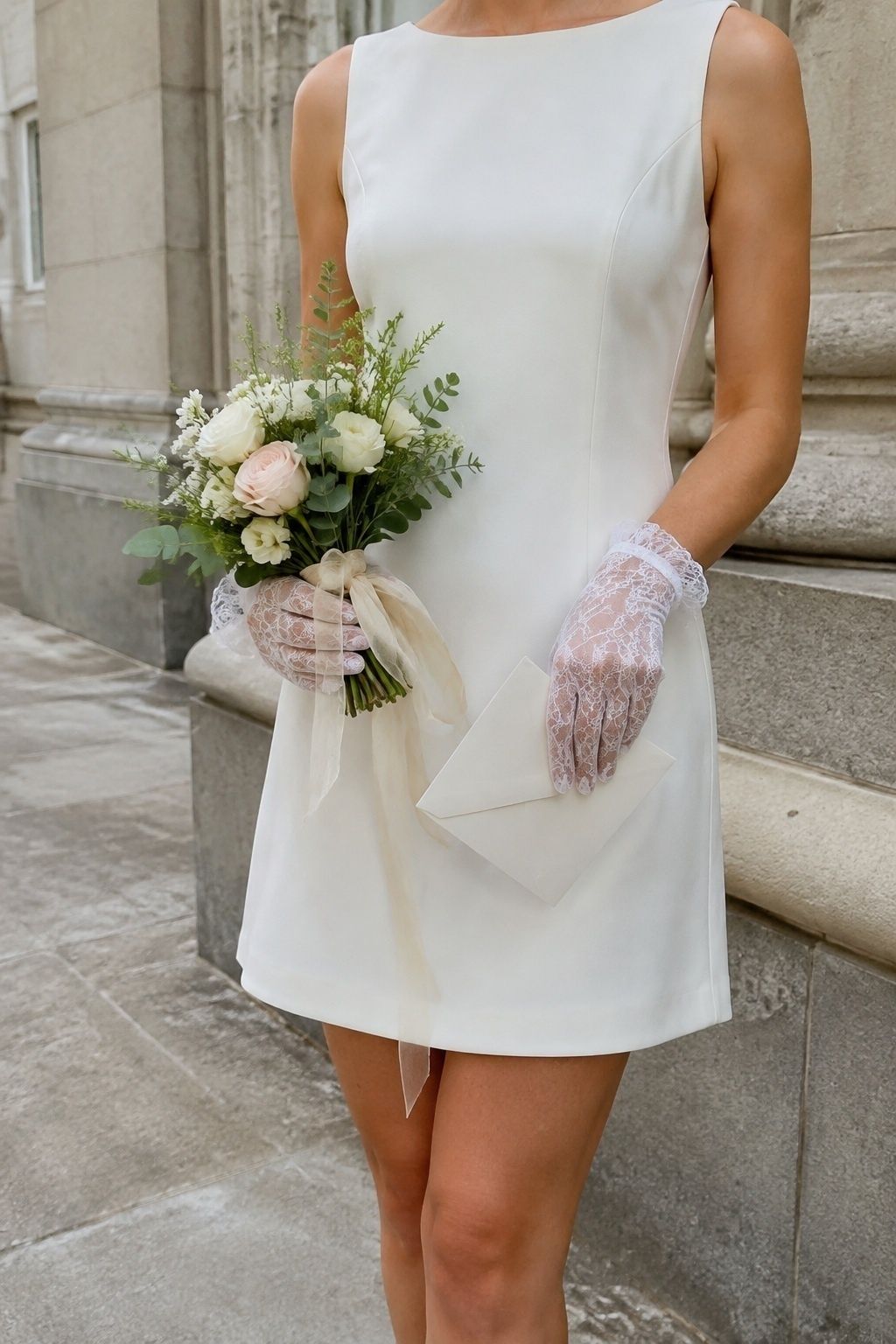 Lace gloves styled with a short courthouse wedding dress