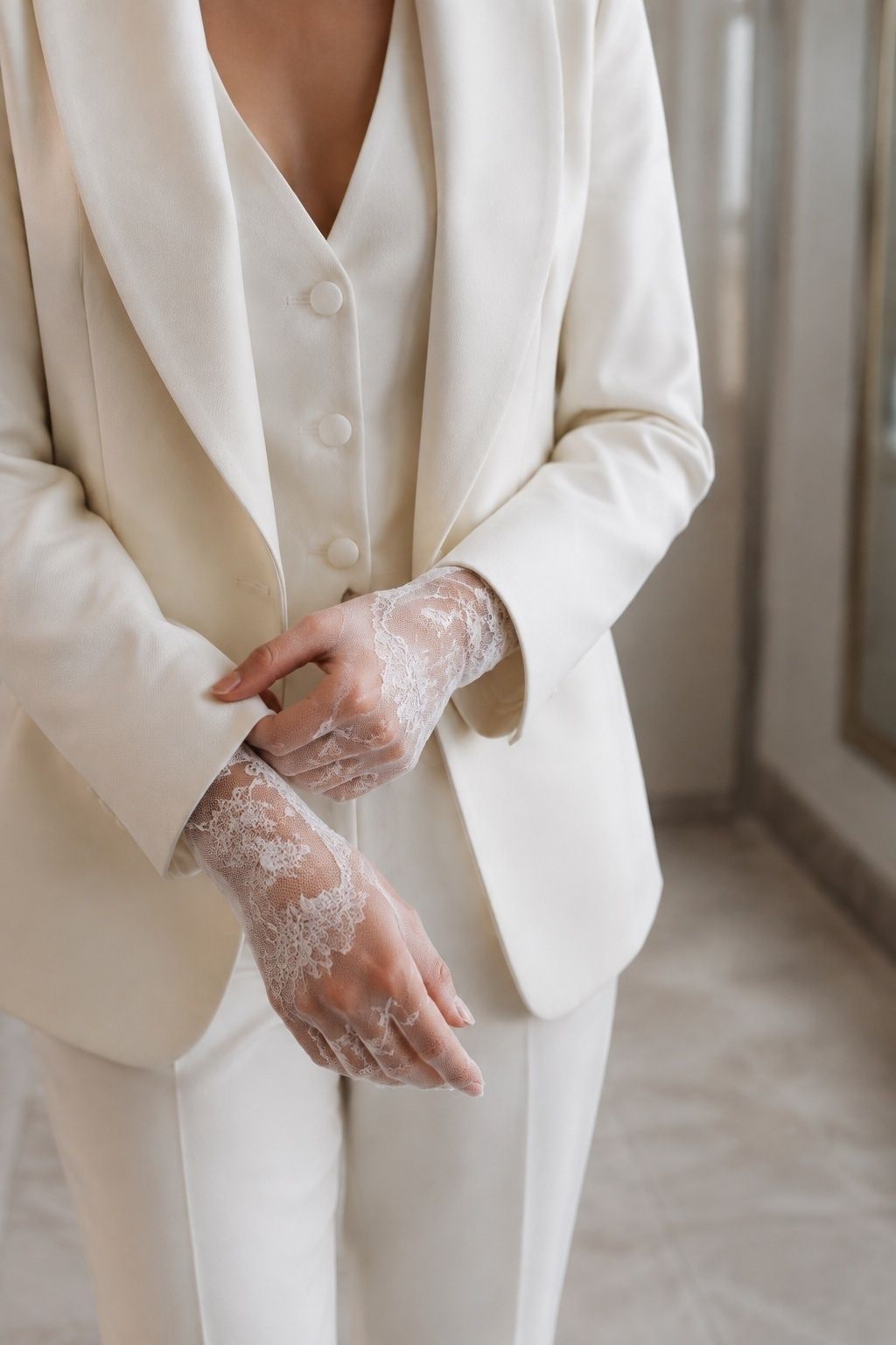 Lace gloves worn with a bridal suit
