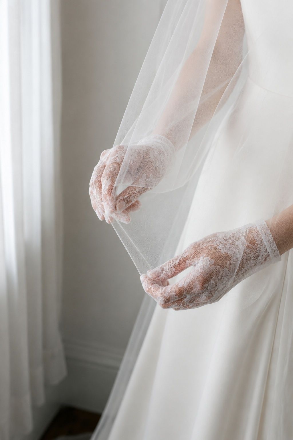 Bride in lace gloves and a plain tulle veil