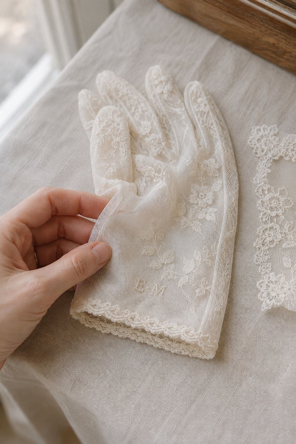 Embroidered lace gloves with the bride's initials