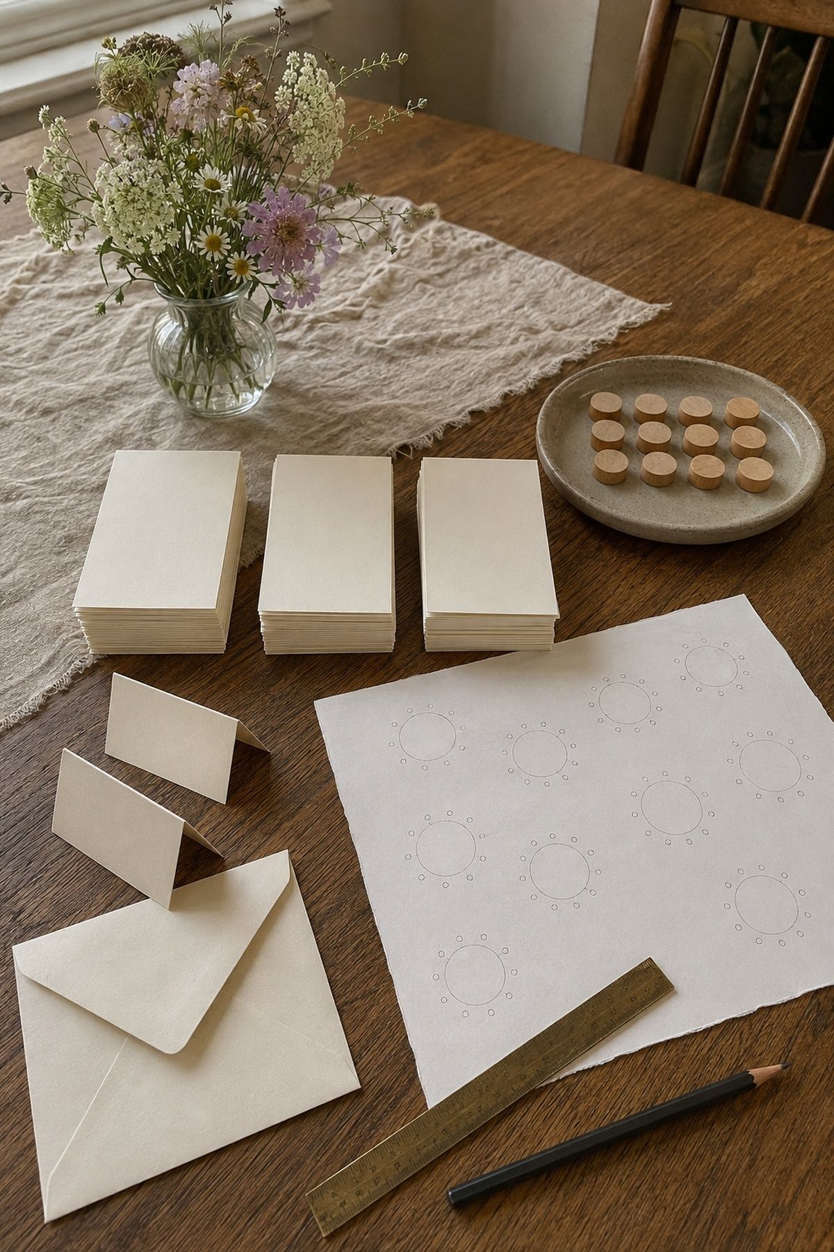 Final wedding guest-count planning with RSVP stacks, tally sheet, and seating sketch