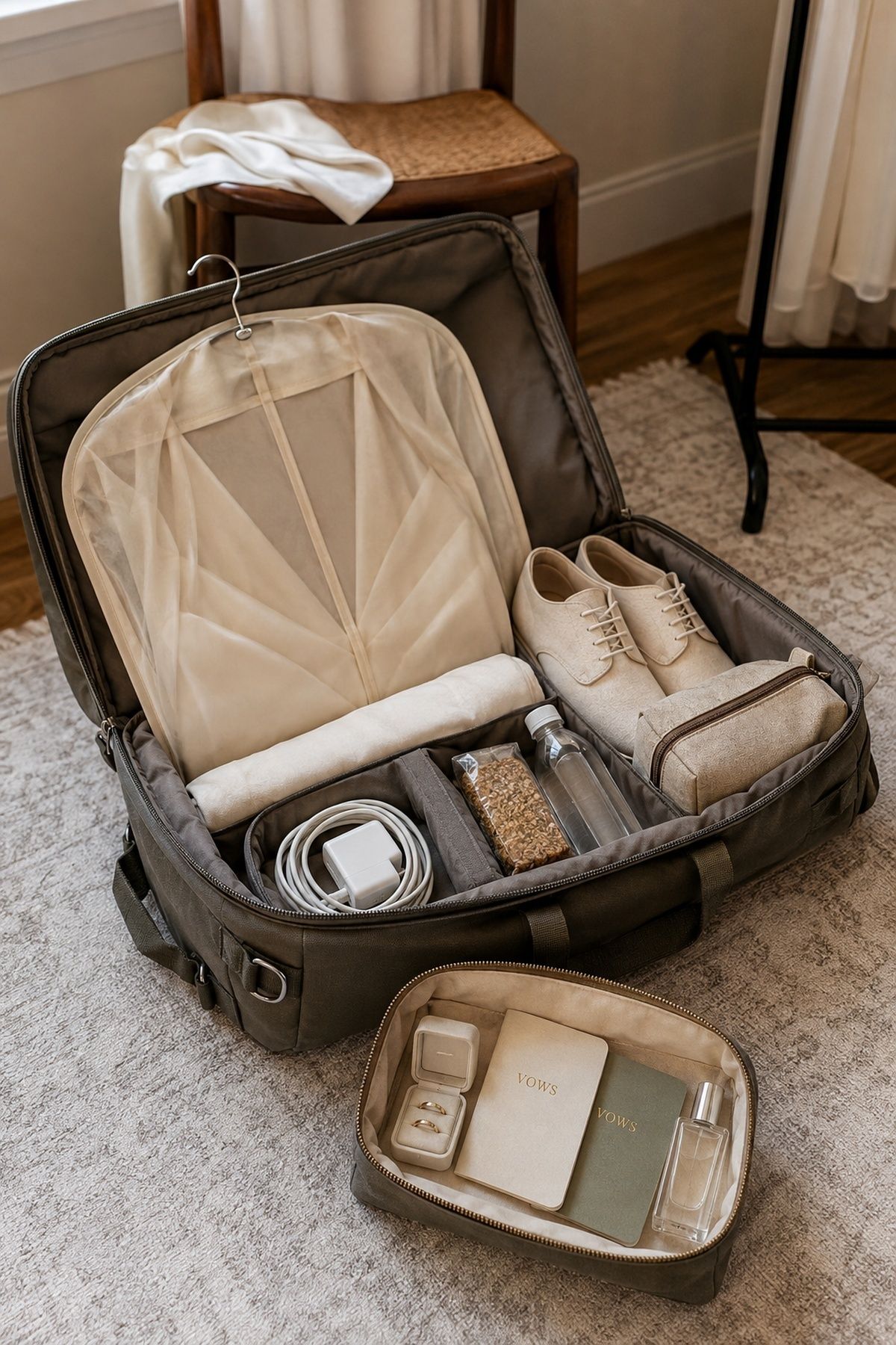 Organized wedding packing bag with attire, shoes, rings, vow books, and personal essentials