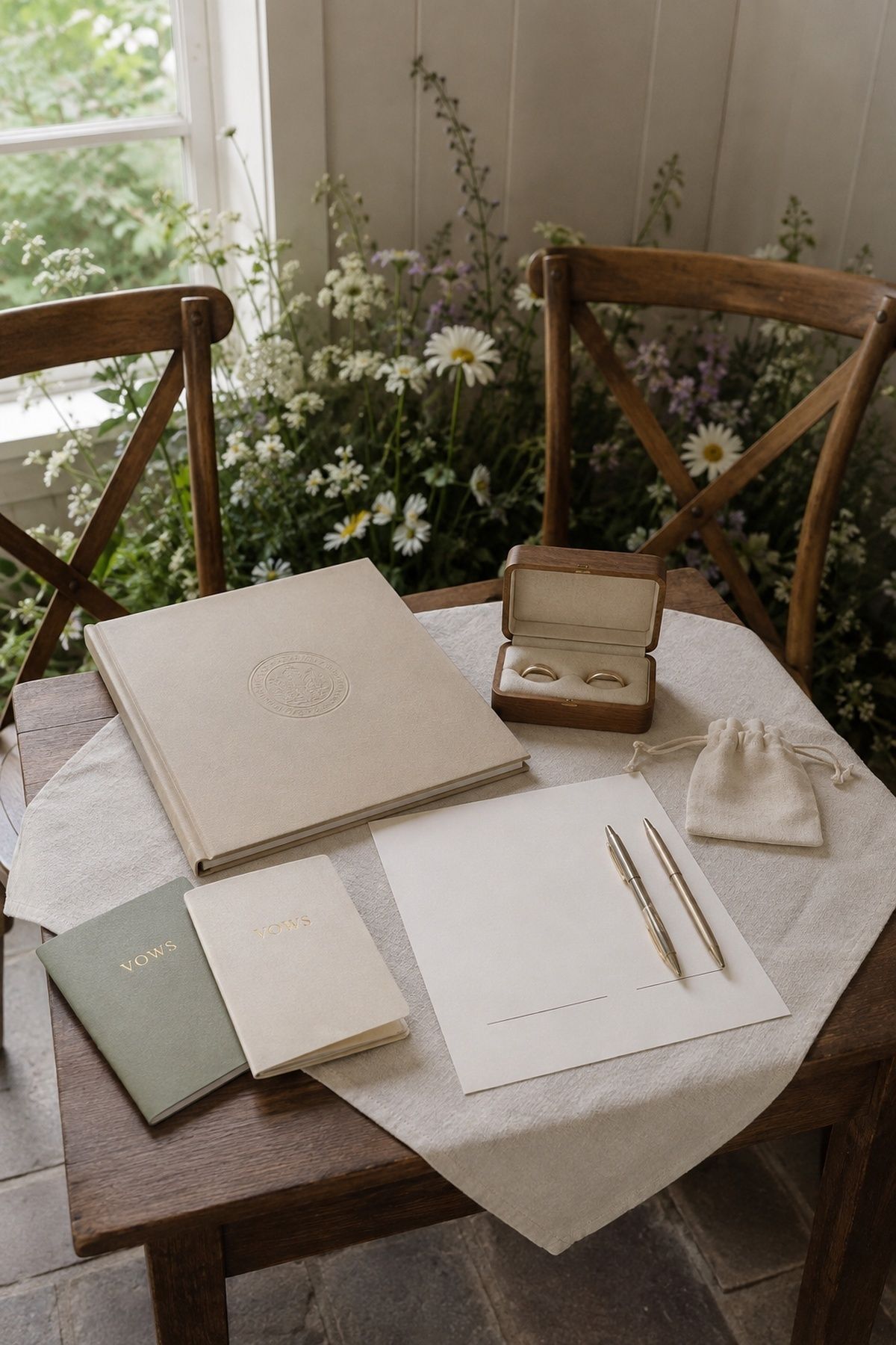 Wedding ceremony signing table with rings, vow books, license folder, and two witness pens