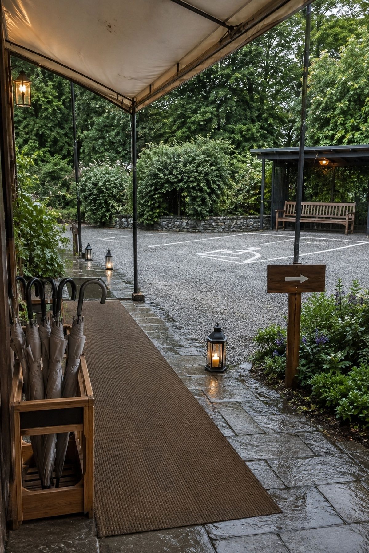 Rain-ready small wedding entrance with covered path, umbrellas, accessible parking, and shelter