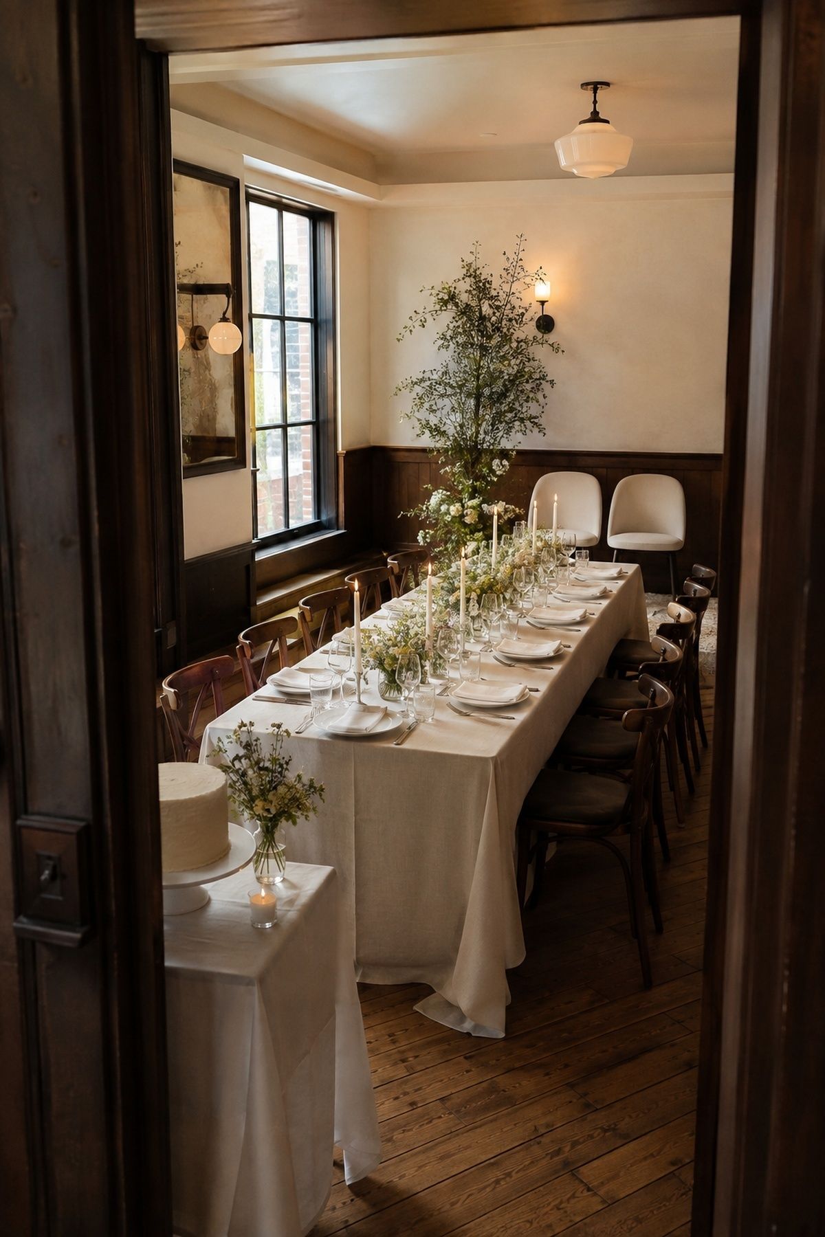 Simple one-room restaurant wedding setup for an intimate ceremony and dinner