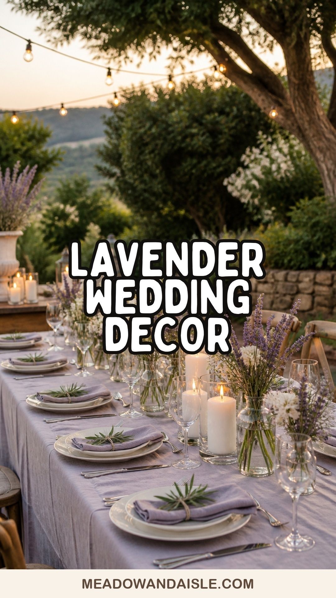 Lavender wedding decoration ideas pin with an intimate garden reception table in lavender, ivory, and sage
