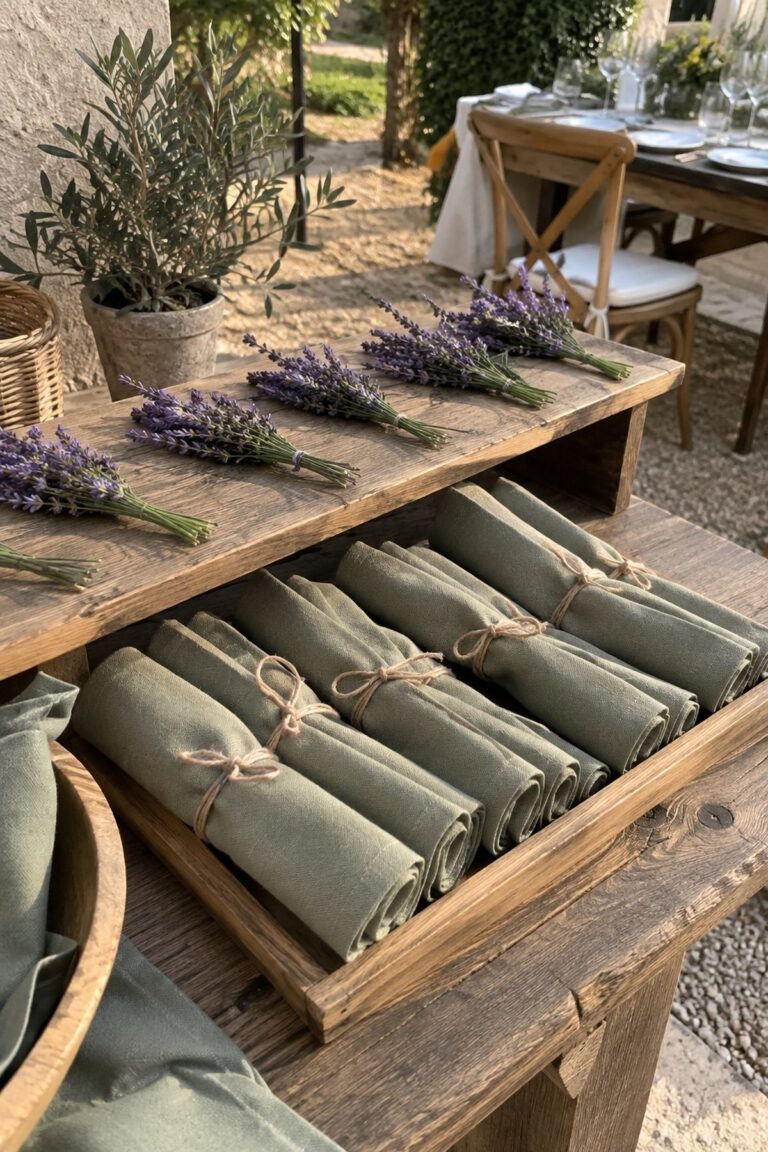 Lavender Sprigs Tied to Linen Napkins at an intimate lavender wedding