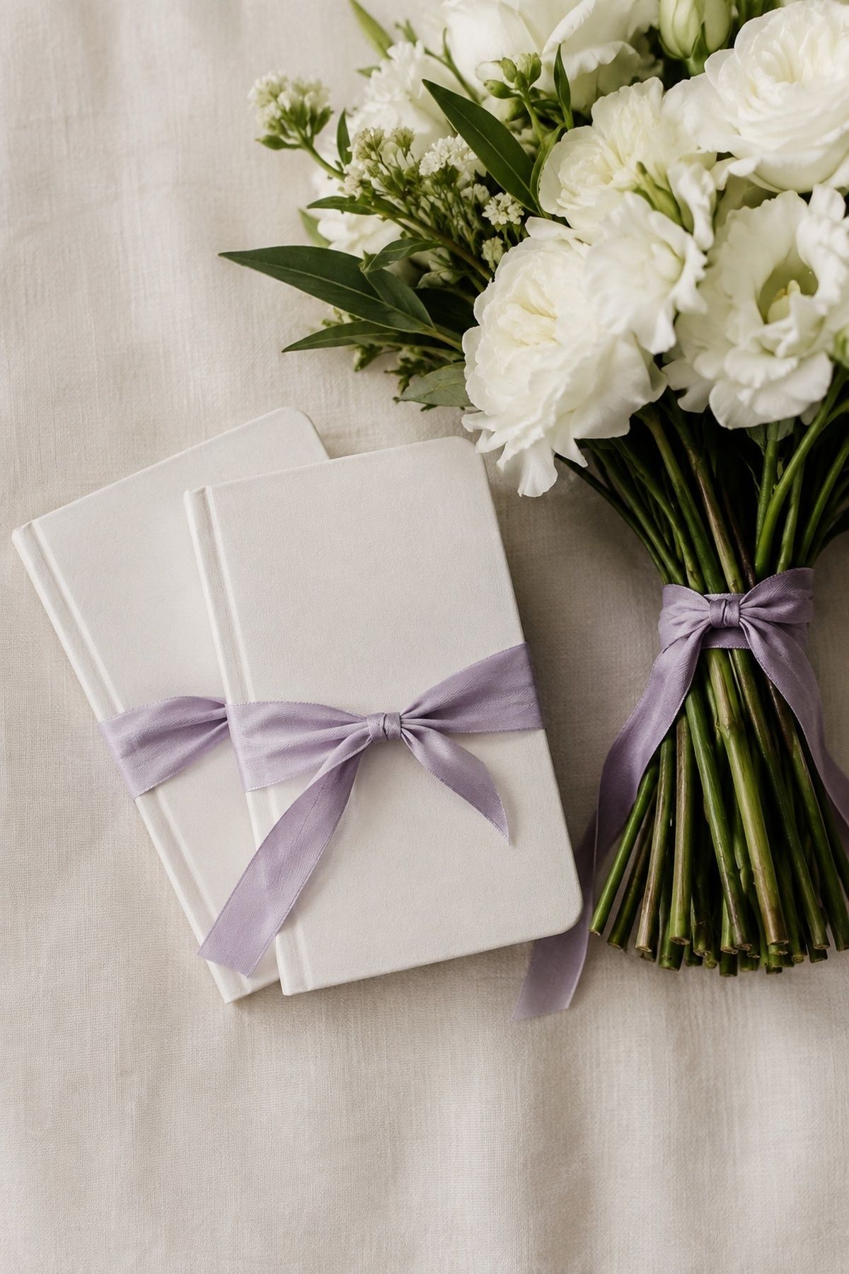 Lavender ribbon on vow books and bouquets