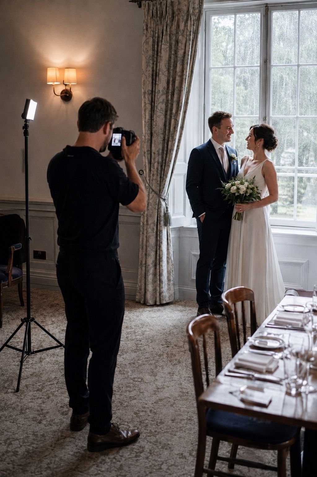 Indoor wedding space with backup lighting