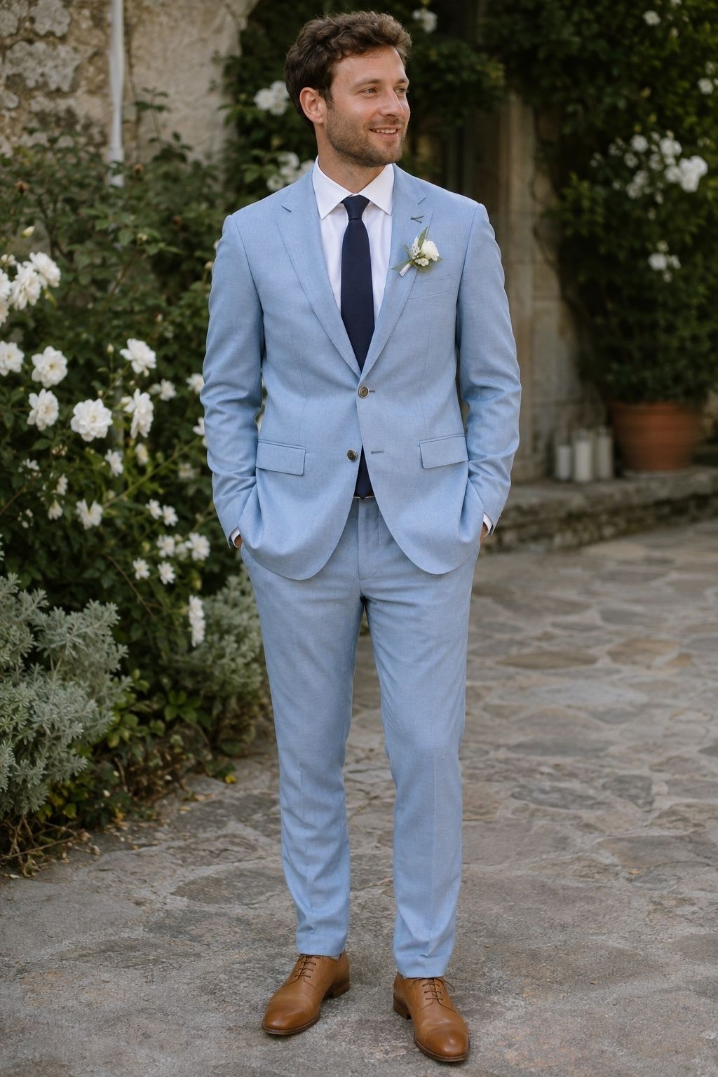 Groom in a pale blue wedding suit with a crisp white shirt and navy tie