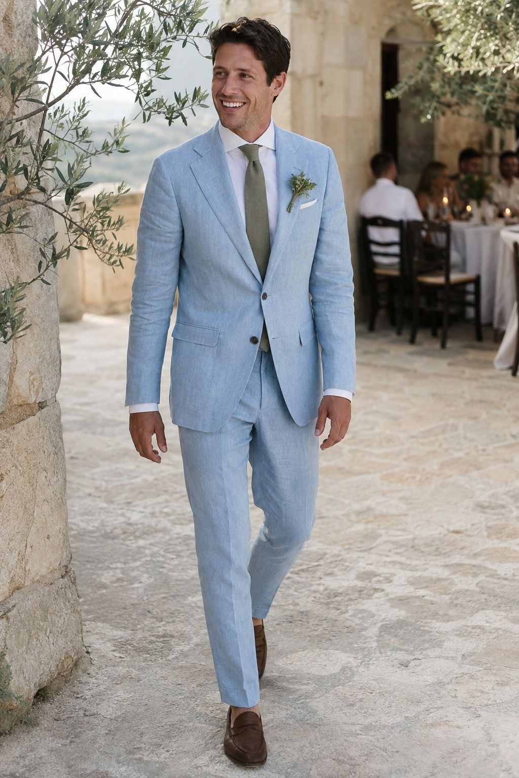 Groom wearing a pale blue linen suit at a summer terrace wedding