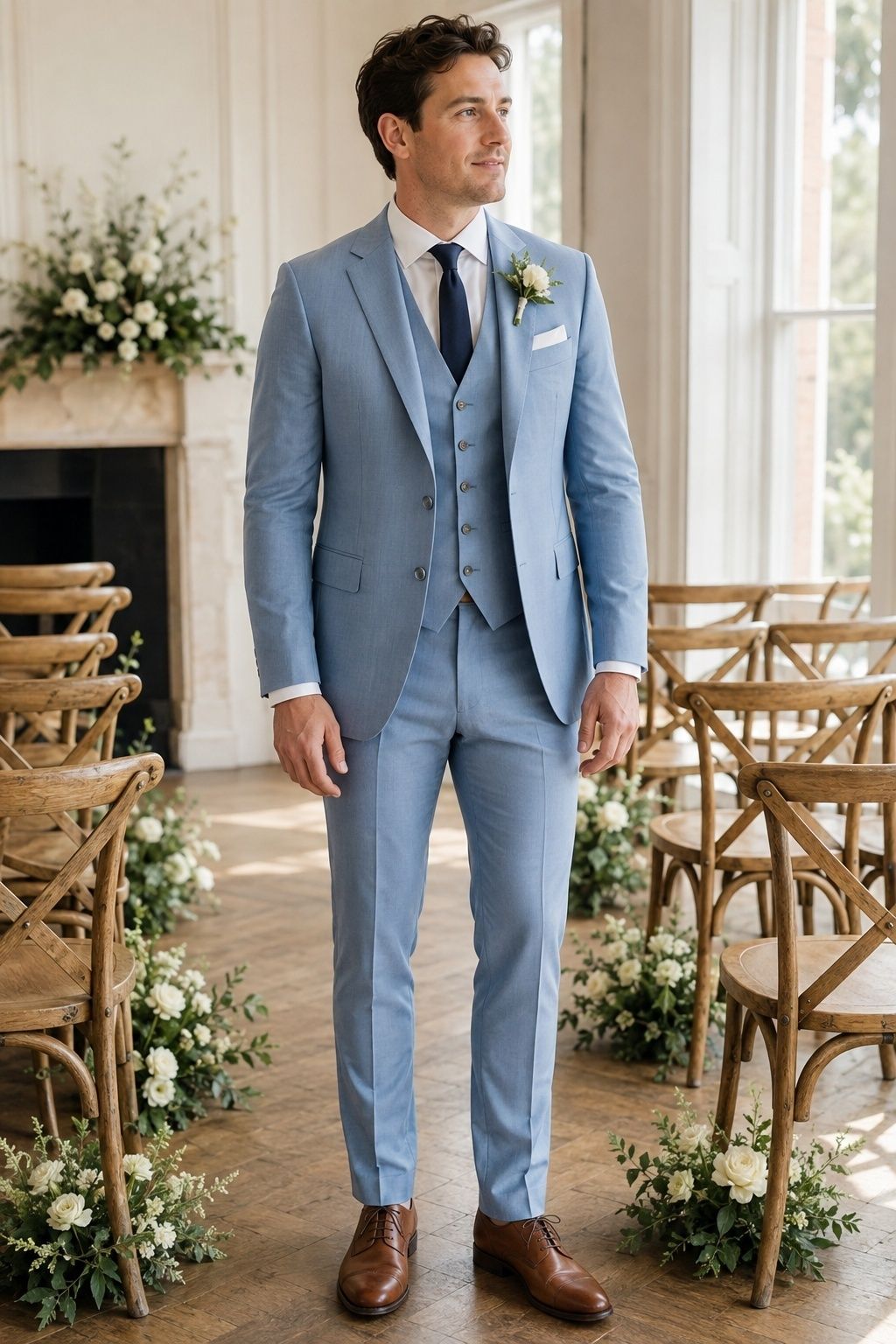 Groom in a restrained sky blue three piece wedding suit