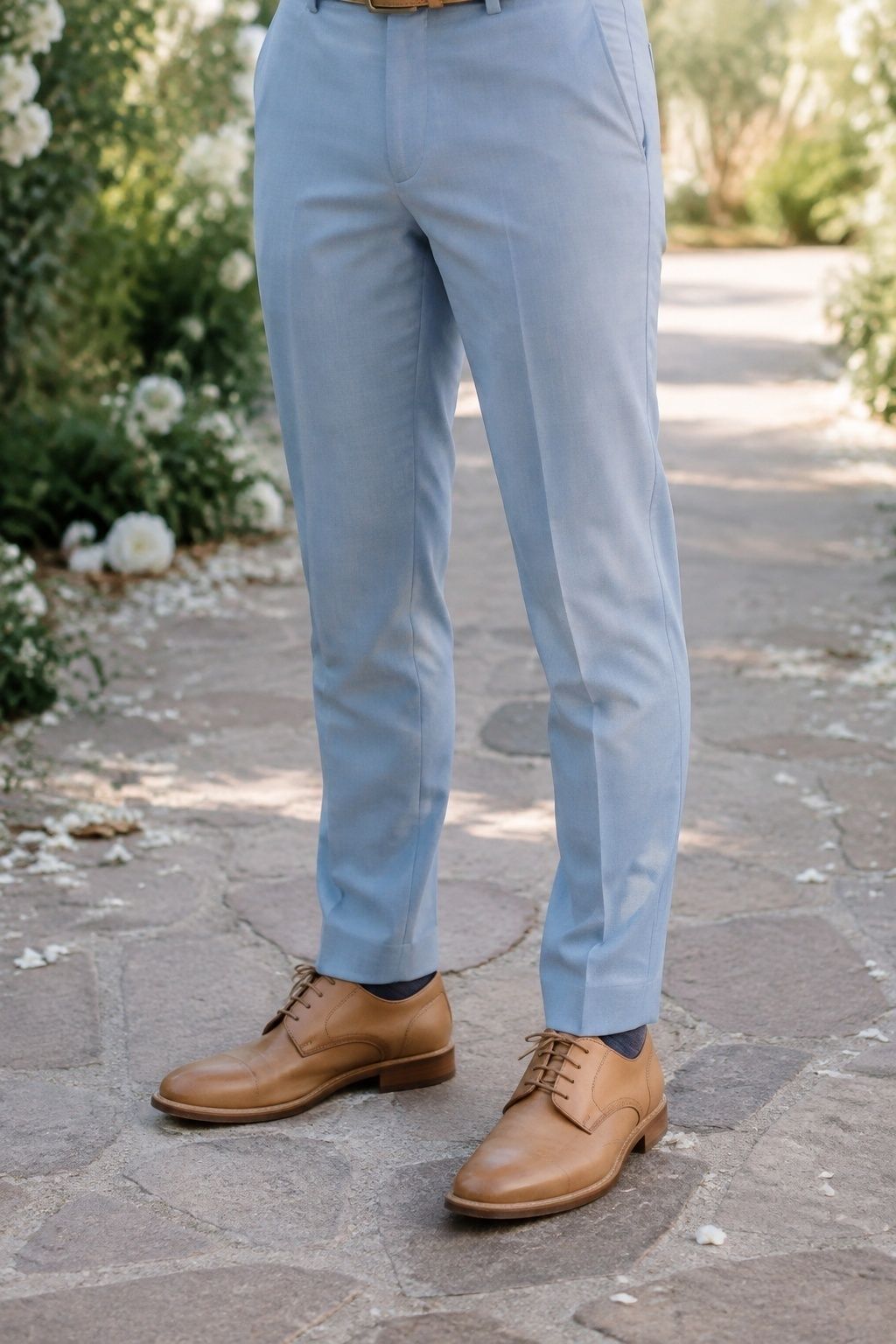 Tan leather derby shoes with pale blue wedding suit trousers