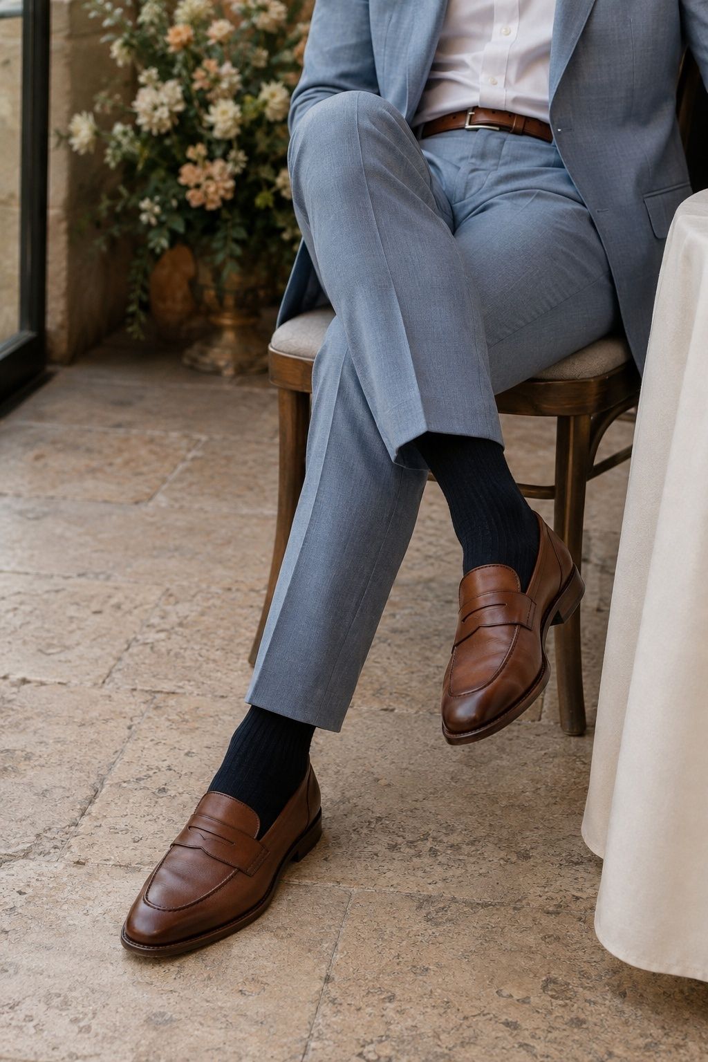 Brown penny loafers styled with a pale blue wedding suit