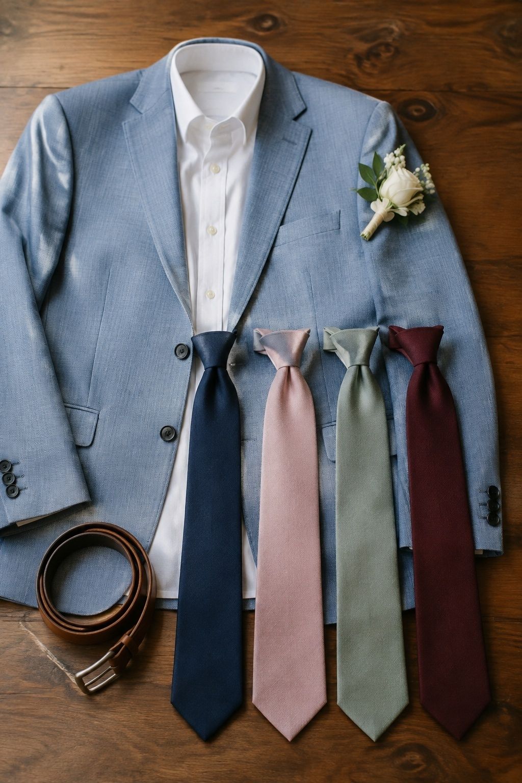 Navy blush sage and burgundy ties beside a pale blue wedding suit