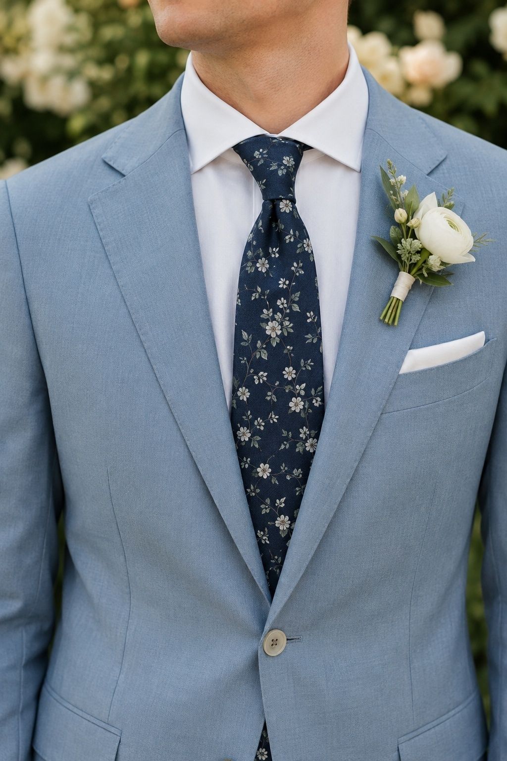 Navy floral tie with a pale blue groom suit and white boutonniere