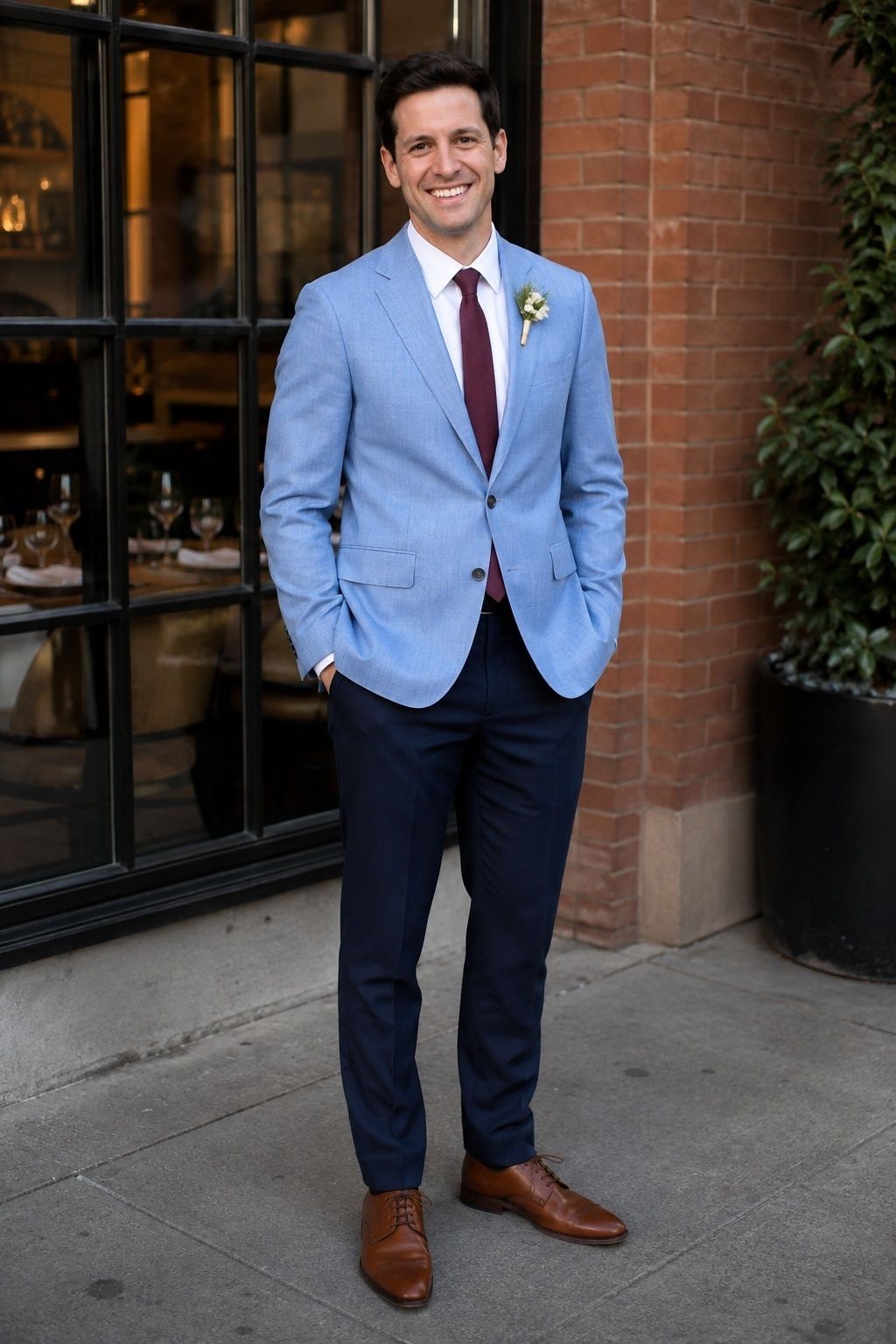 Groom pairing a light blue jacket with navy wedding trousers
