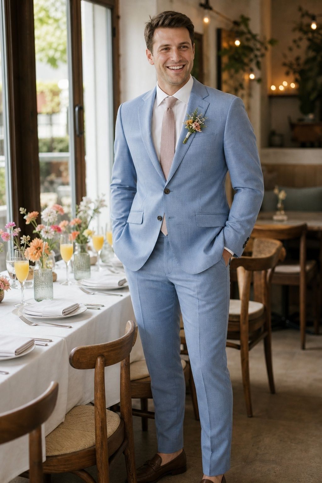Groom in a pale blue suit at a sunny intimate brunch wedding