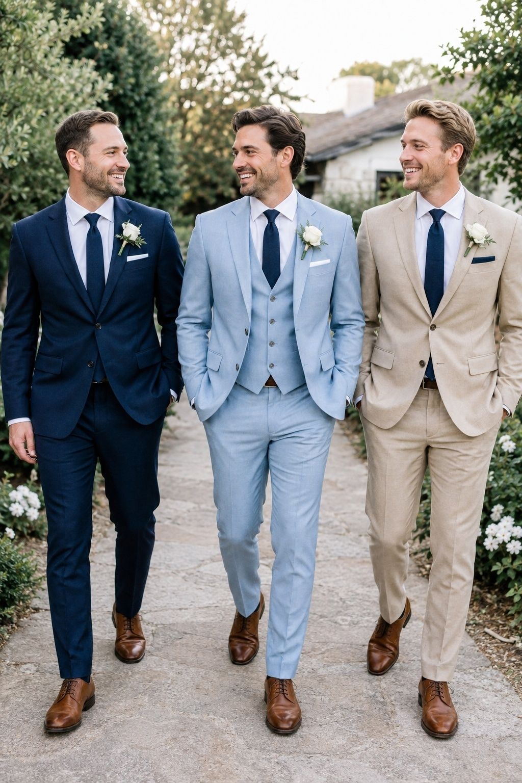 Groom in pale blue with navy and tan suited groomsmen at a garden wedding